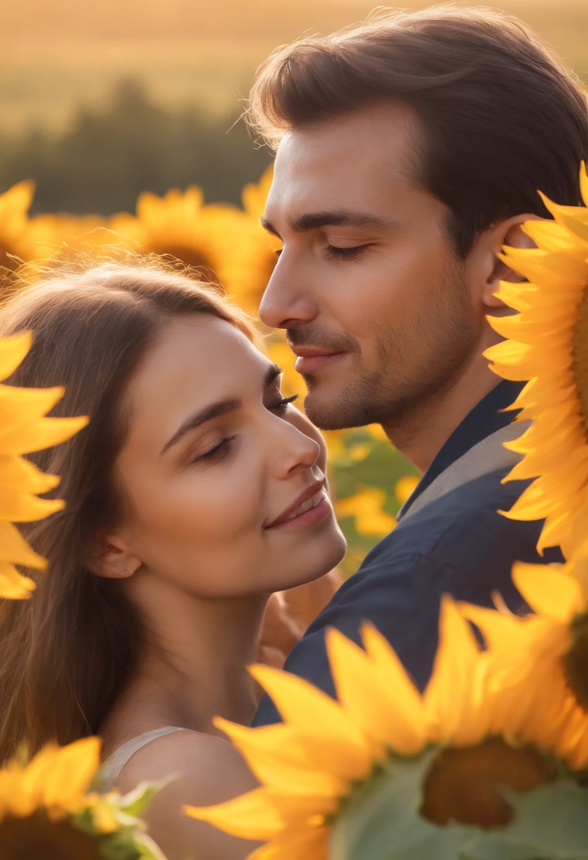 Generate a high-resolution image depicting a tall man, approximately 185 centimeters tall, affectionately hugging a woman who is about 160 centimeters tall. They are in the middle of a vast field of vibrant sunflowers, with the golden hues of a picturesque sunset casting hot, luz suave sobre eles. A cena deve capturar todos os detalhes intrincados, From the texture of sunflower petals to the expressions of joy and love on the faces of man and woman. The realism and emotional depth of this image should be impeccable. 8k, High definition, incrivelmente detalhado,