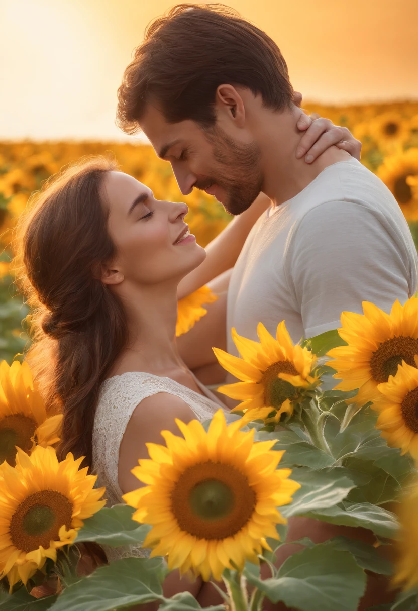 Generate a high-resolution image depicting a tall man, approximately 185 centimeters tall, affectionately hugging a woman who is about 160 centimeters tall. They are in the middle of a vast field of vibrant sunflowers, with the golden hues of a picturesque sunset casting hot, luz suave sobre eles. A cena deve capturar todos os detalhes intrincados, From the texture of sunflower petals to the expressions of joy and love on the faces of man and woman. The realism and emotional depth of this image should be impeccable. 8k, High definition, incrivelmente detalhado,