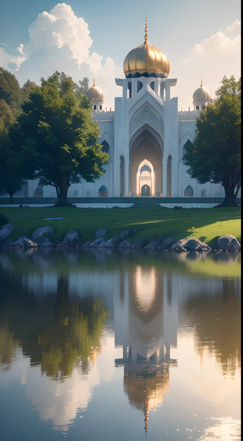 arafed white and gold building with a white transparent lake in front of it, futuristic persian palace, floating palace, futuristic palace, huge futuristic temple city, breathtaking render, realistic fantasy render, stunning detailed intricate render, ((masterpiece)), ((best quality)), 8k, high detailed, ultra-detailed, white super big mosque castle, giant mosque, grand mosque, pearl white marble, gold adornments, sparkling, in the morning, low angle view, in the middle of forest, the atmosphere is magic, 35mm, background is a garden and forest with flowing river, the river is milk, vivid color, photorealistic, realistic light, 16k, UHD, ultra sharp backgrounds, ultra high res, extremely detailed, majestic, mystical, vibrant colors, breathtaking view, a sense of wonder and awe., cinematic, UHD,