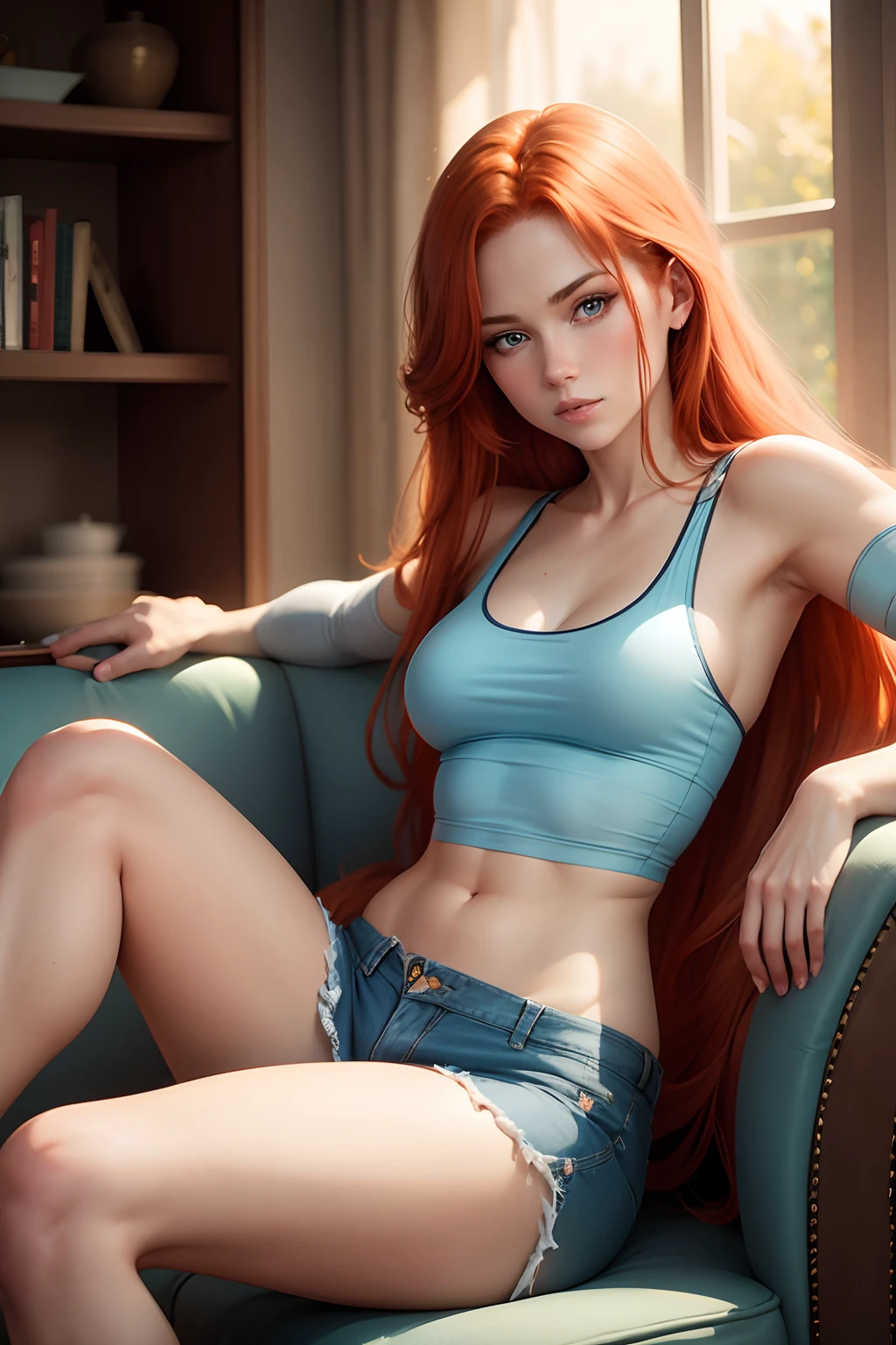 Beautiful sensual redhead woman with long hair and light blue eyes, medium breasts, micro shorts, tank top, athlete, legs crossed