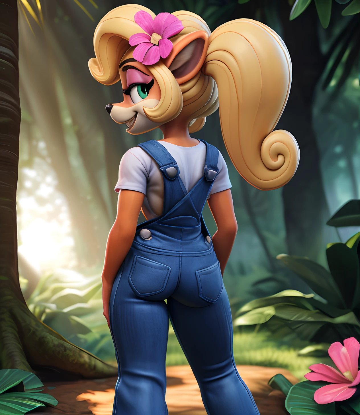 [Coco bandicoot], [Uploaded to e621.net; (Pixelsketcher), (wamudraws)], ((masterpiece)), ((high quality)), ((HD)), ((solo portrait)), ((full body)), ((back view)), ((furry; anthro)), ((detailed fur)), ((detailed shading)), ((beautiful 3D render art)), ((front view)), ((shoes visible)), ((intricate details)), {anthro; orange fur, black nose, (cute green eyes), (pink eyeshadow), (excited smile), (white teeth), blonde curly hair, curly ponytail}, {(white shirt), (small boobs),(pink sneakers), (pink flower on head)}, {(standing), (hands on hips), (looking back)}, [background; (tropical forest), (tree stump), (sun rays), (pink laptop)]nude,naked,nsfw,