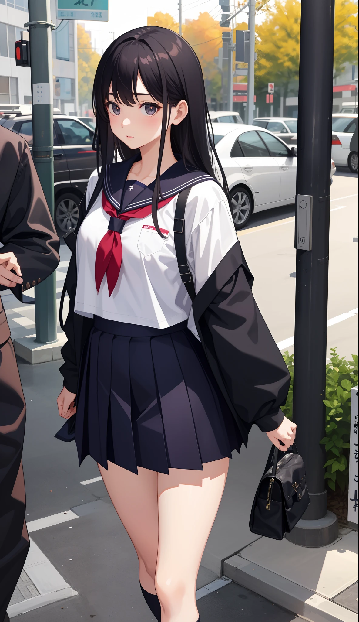 1girl in、AS-Adult、The shirt、skirt by the、(small tits)Japan High School、校服、serafuku、Walking with a thigh、Upper body portrait、