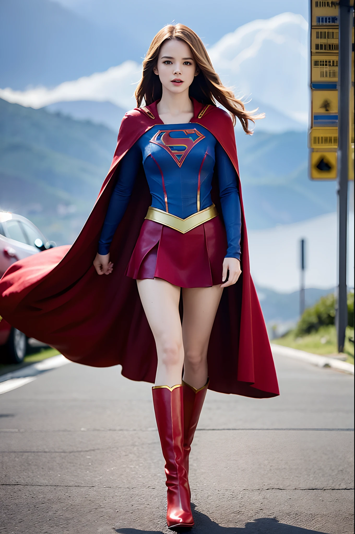 Danielle Panabaker, she is in Supergirl, realistic uniform, full body photo. blurred background, red cape, she is perfect, big breasts, firm legs and two. Full body photo, 45º sunlight, her hair is blowing in the wind.