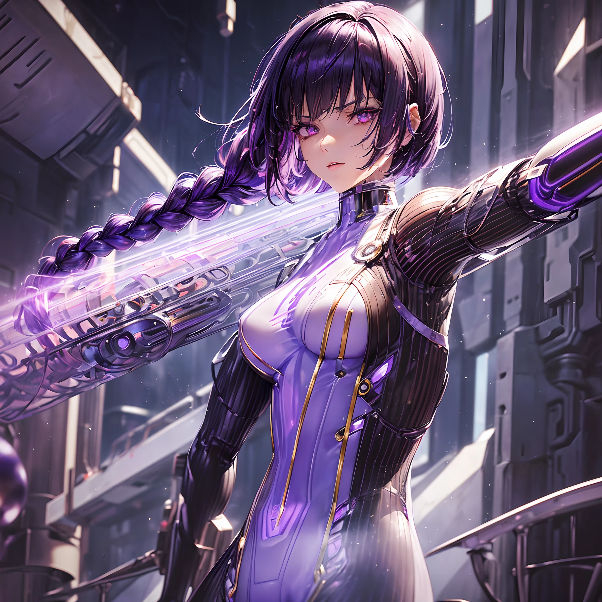 1(18 year old woman, short black haircut red and purple hair tips, (futuristic bodysuit, clear panel, seductive, white and purple), 1(25 year old woman long red braided hair,futuristic bodysuit white and gold, clear panel, seductive), spaceport, futuristic gun, raining, realistic, ultra high quality, wet