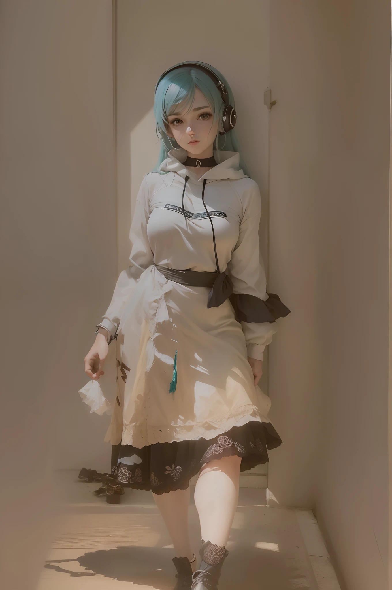 1 girl, ((master part, Lemeral Lighting, olhos bonitos: 1.2), ultra-detalhado, ultra high-resolution, professional lighting, maquiagem de alta qualidade, belos olhos detalhados), (melhor qualidade:0.8), Perfect anime illustration, Beautiful, fundo de cor plana, fundo simples, corpo inteiro , Olhando_em_Visualizador, sozinho, (corpo inteiro:1.5), brown hair, olhos castanhos escuros, (seios pequenos:1.1), sozinho,HuasaChile, Huasachina, fita, vestido inchado, vestir, mangas curtas inchadas, knee tights, black footwear, Estampa floral, vestido estampado, hand on hip, neckerchief,Toph, (cego:1.5)