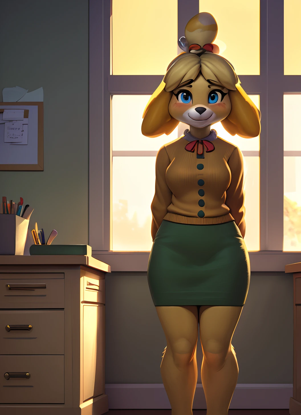 [isaCrossing], [Isabelle; Animal Crossing], [Uploaded to e621.net; (Pixelsketcher), (wamudraws)], ((masterpiece)), ((solo portrait)), ((front view)), ((feet visible)), ((furry; anthro)), ((detailed fur)), ((detailed shading)), ((beautiful render art)), {anthro; (yellow fur, black nose), small brown eyebrows, cute blue eyes, cute smile, (blushing), blonde hair, (bells in hair), topknot, fluffy tail, (beautiful feet)}, {(office woman), (red ribbon), (orange sweater), small boobs, short green pencil skirt}, {(arms behind back), (standing), (pigeon-toed)}, [background; (office), (window), (sun rays)]