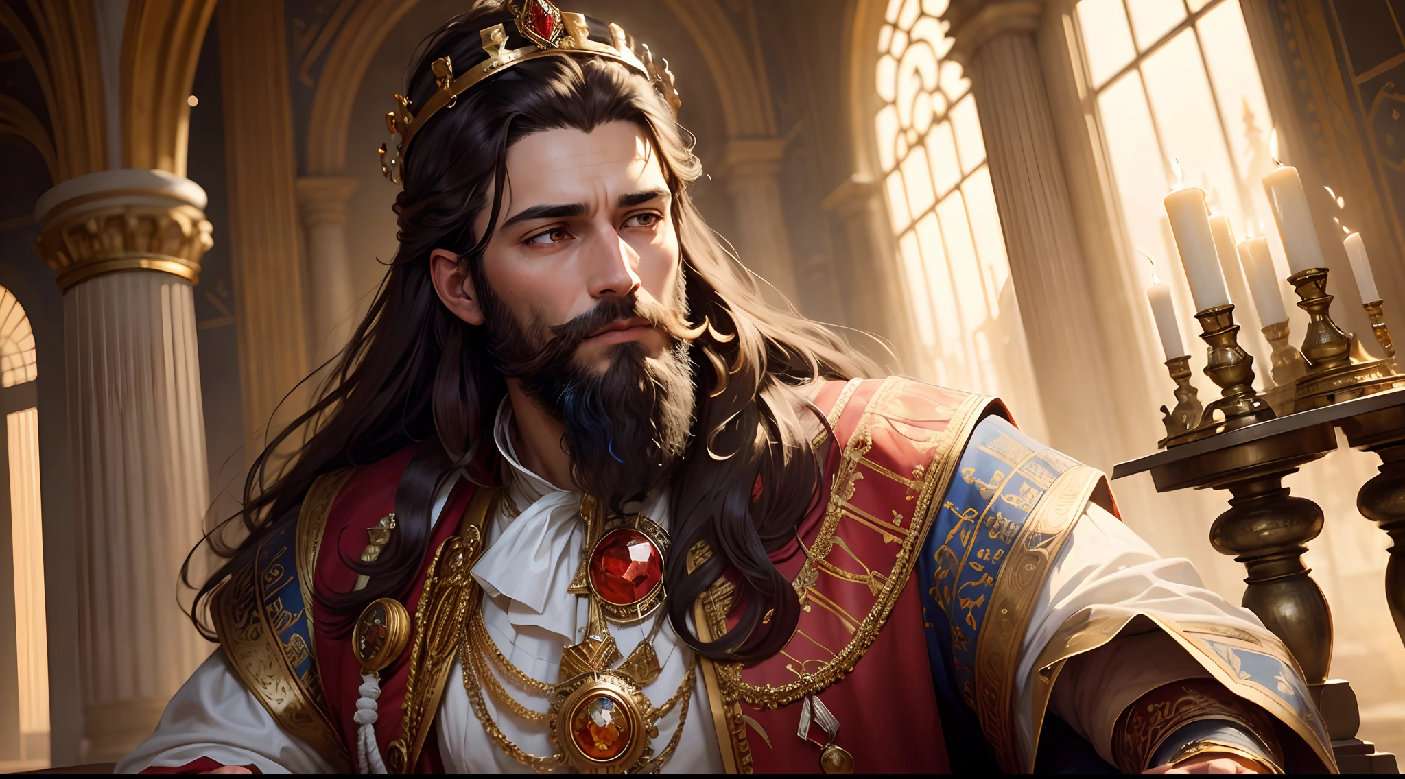8k portrait of King Solomon, with medium beard, (dark brown hair and beard), brown eyes, dressed in white and red tonic, ((with a king's crown on his head with 12 precious stones of different colors)), intricate, elegant, highly detailed, majestic, digital photography, art by artgerm and ruan jia and greg rutkowski surreal painting, background an interior of a super detailed palace (masterpiece, Side lighting, beautiful finely detailed eyes: 1.2), HDR