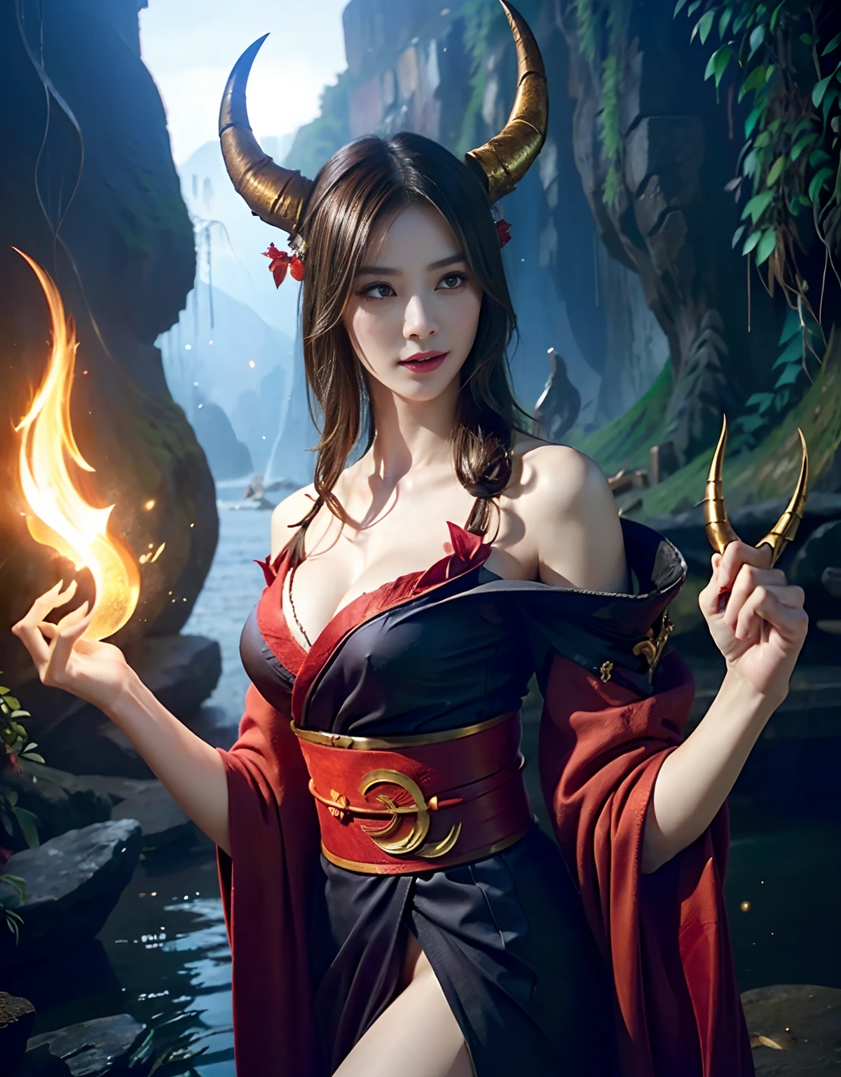 (((masutepiece,))),Professional , masterpiece、top-quality、photos realistic , depth of fields 、Raw photo、1a person、glowy skin、(sexypose)、(Black maple on the background of full bloom),(Ultimate Beauty)、A dark-haired、Mystical expression、ultrasharp、(a temple background),(Red torii gate)、(shrine background)、(Kimono with beautiful pattern)、(Night background)、Beautiful hair ornament on the head、,(intense fighting),((Precipitous cliffs)),(Wear a beautiful kimono),(Wear a colorful and beautiful kimono)、(Japan Castle Background)、Jewel Gold Weapon、Particles of light),(intense fighting)、Gorgeous gold weapons ,Castle background、(( Gorgeous Dragon Sword)) , (a dark night),,(maikurobikini) 、((Black Haired Beautiful Girl))、(Castle background)、(demonic wings)、((Gangle's forest background))、Beautiful Caucasian beauty、1a person、dynamic ungle,(((Two devil's horns on the head)))、Smaller head、Idle Smile、Thin and beautiful female hands、Mystical expression、Light Effects、intense fighting、Wind-effect、magic circles、With the legendary magic wand、Dragon's tail、Anatomically correct fingers、Full Body Angle、Anatomically correct number of fingers、Full Body Angle、(cleavage of the breast)、