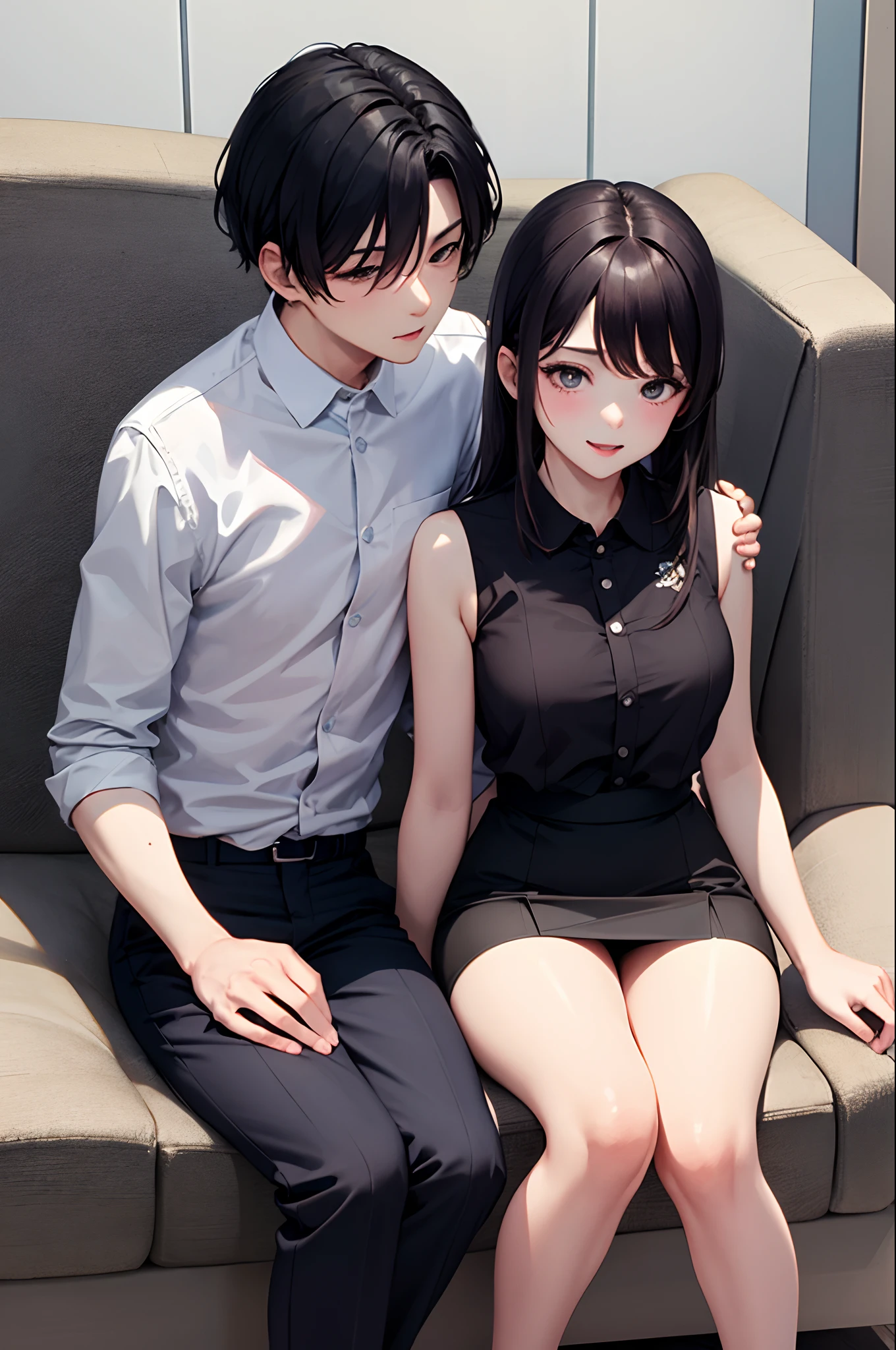 top-quality masterpiece Male and female couples Girl sitting on a chair wearing a tight skirt over a blouse。Boys hugging each other from behind。Boys wearing high school long pants uniforms with mash cut hairstyles。Without glasses、Revenge relationship