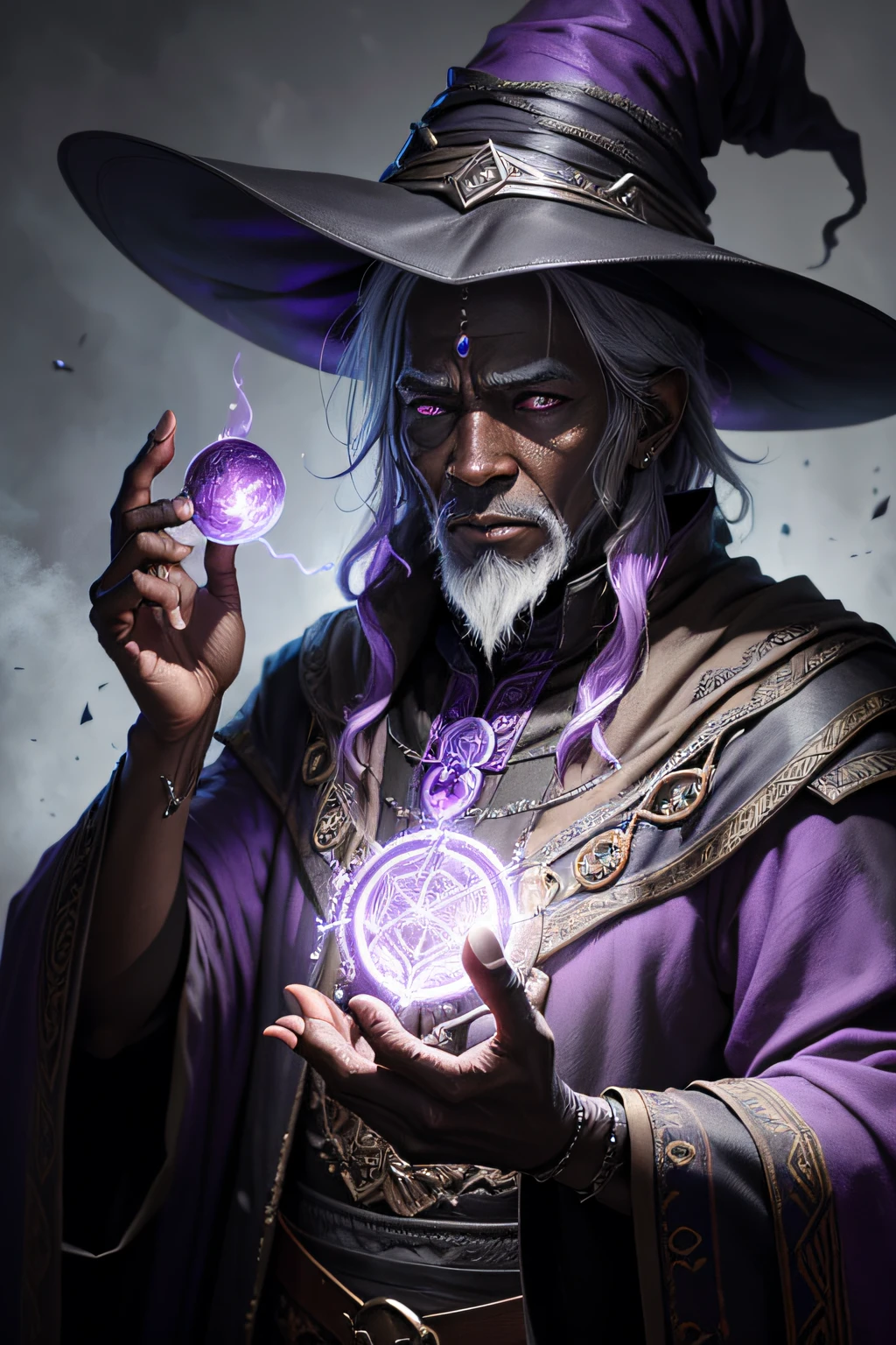 an old wizard with black skin, doing spells, emphasis on his spell, ultra detailed textures, layers of textures true to reality, Professional lighting, realistic detailing with shades of purple and lilac