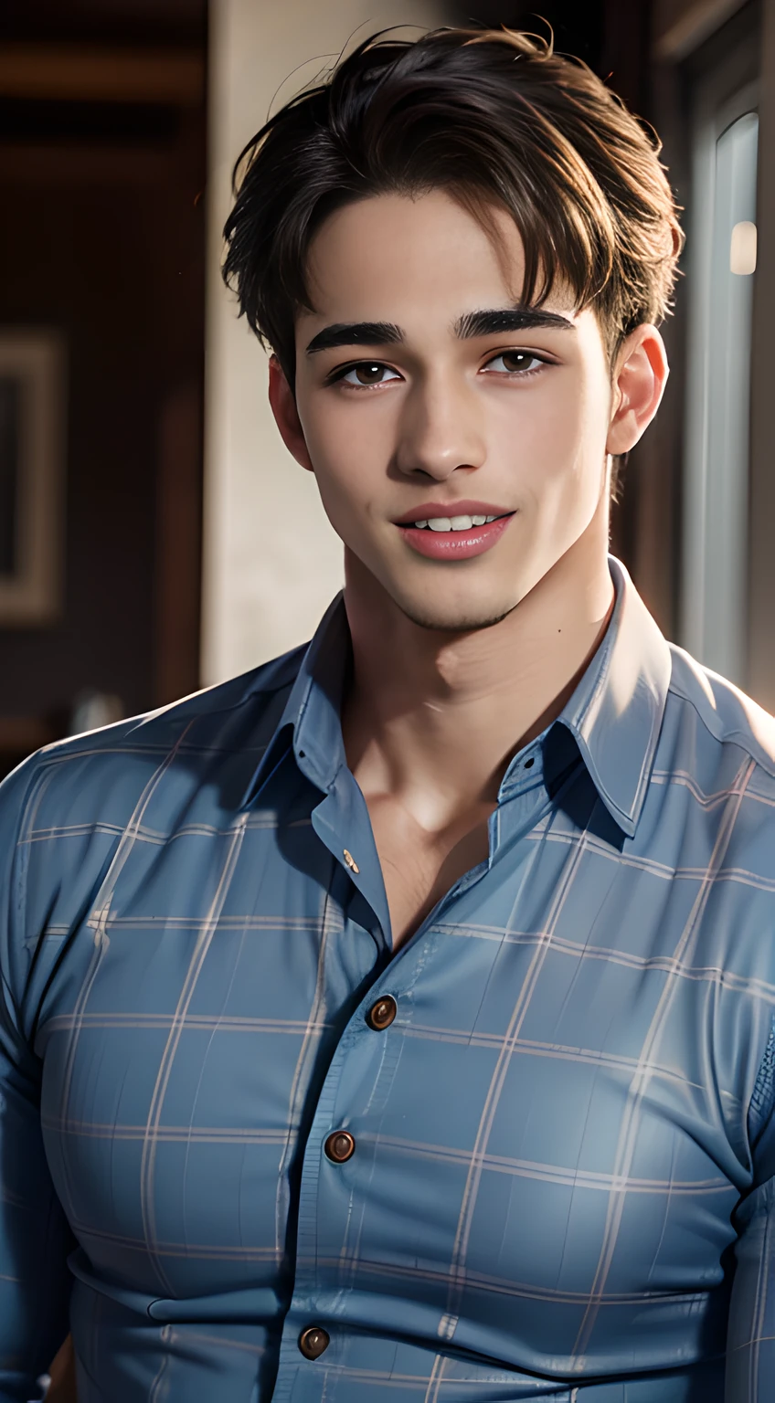 handsome man in his 20s, Pietro Boselli, blue short hair, smile,