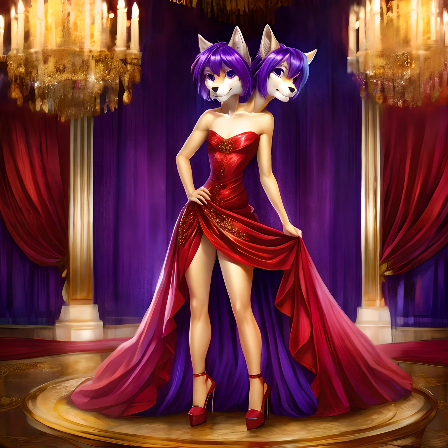2heads, gray wolf furry, 1man,flat chested, aqua hair, dark purple hair, wearing a beautiful red ball dress, at a beautiful golden ball room, wide shoulders,heels