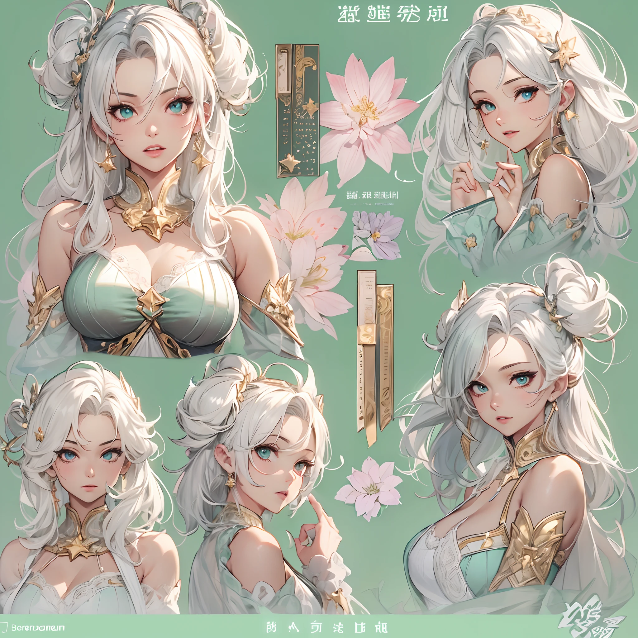 ((Masterpiece, Highest quality)), Detailed face, CharacterDesignSheet,full bodyesbian, perfectly proportions,Full of details, Multiple poses and expressions, Highly detailed, A martial arts girl,Seductive,Blonde white gradient hair color,Detailed eyes, ssee-through,mint green,lacepantyhose,Moire,High Balance, Overhead halo,Natural light,Star decoration,Mint