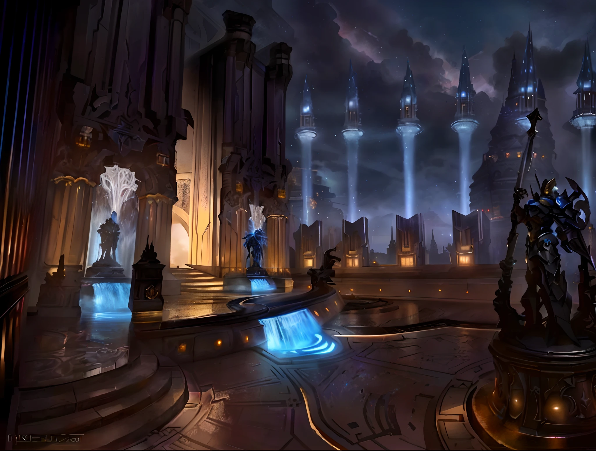 a view of a city with a fountain and a statue, concept art stunning atmosphere, blizzard game concept art, diablo digital concept art, stunning concept art, diablo concept art, blizzard concept art, fantasyconcept art, ravnica, epic fantasy concept art, world of warcraft concept art, huge futuristic temple city, fantasy concept art, dramatic concept art, dark-blue metal, shiny metal, cybertron, dark blue storm clouds, light blue lightning from clouds, light blue lightning, space sky, stars on the sky, realistic, watercolor, 4k, high quality, hight attention to details, concept art