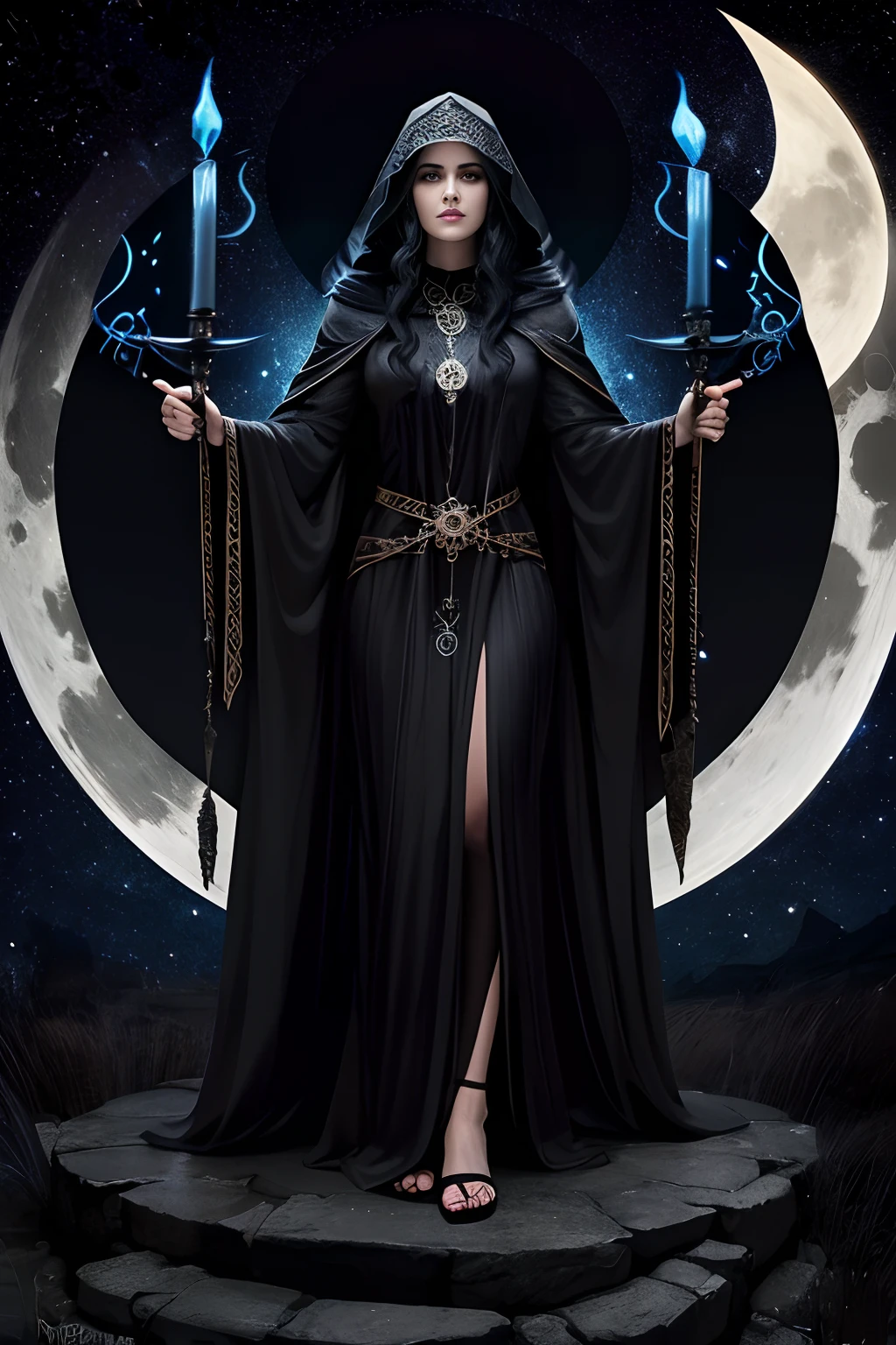 Witch Hecate, hecate goddess, rainha da magia e do poder, Controls shadows and illusion. mulher poderosa, of flowing black robes, cabelos pretos imensamente longos, olhos pretos. poderosa. Ao fundo, The night with the full moon and dark mystical beings, noite sombria. 9pentagramas cinco pontas, nove muito bem[agramas cinco pontas