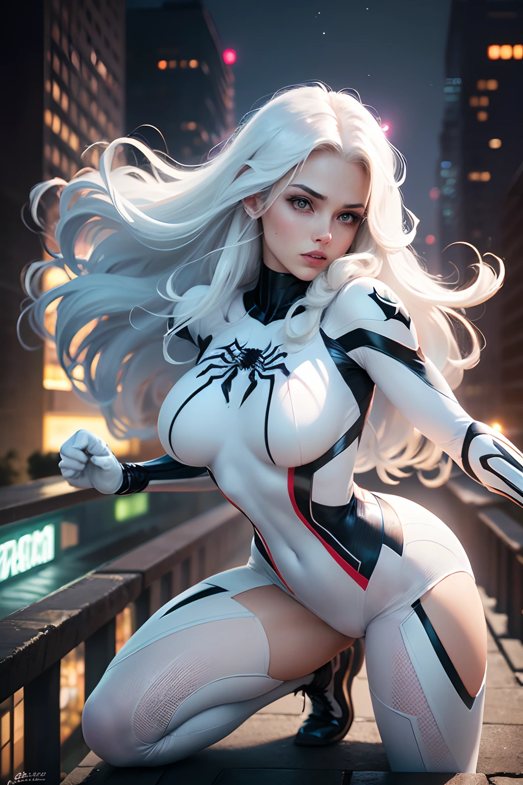 (Masterpiece, 4K resolution, ultra-realistic, highly detailed), (White costume superhero theme, charismatic, girl on top of the city, wearing white Spider-Man costume, superheroine), [((23 years old), (long white hair:1.2), full-body, (blue eyes:1.2), (Spider-Man dynamic poses) ((gritty urban environment):0.8)| (urban landscape, nighttime, dynamic lights), (full moon))]