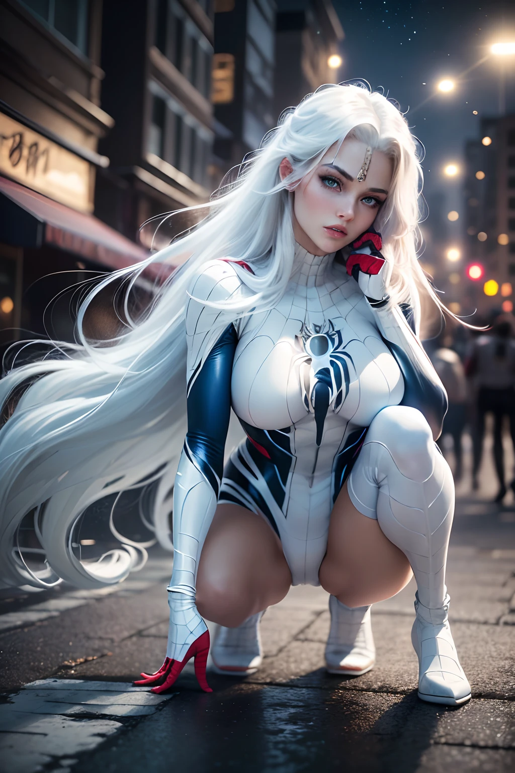 (Masterpiece, 4K resolution, ultra-realistic, highly detailed), (White costume superhero theme, charismatic, girl on top of the city, wearing white Spider-Man costume, superheroine), [((23 years old), (long white hair:1.2), full-body, (blue eyes:1.2), (Spider-Man dynamic poses) ((gritty urban environment):0.8)| (urban landscape, nighttime, dynamic lights), (full moon))]