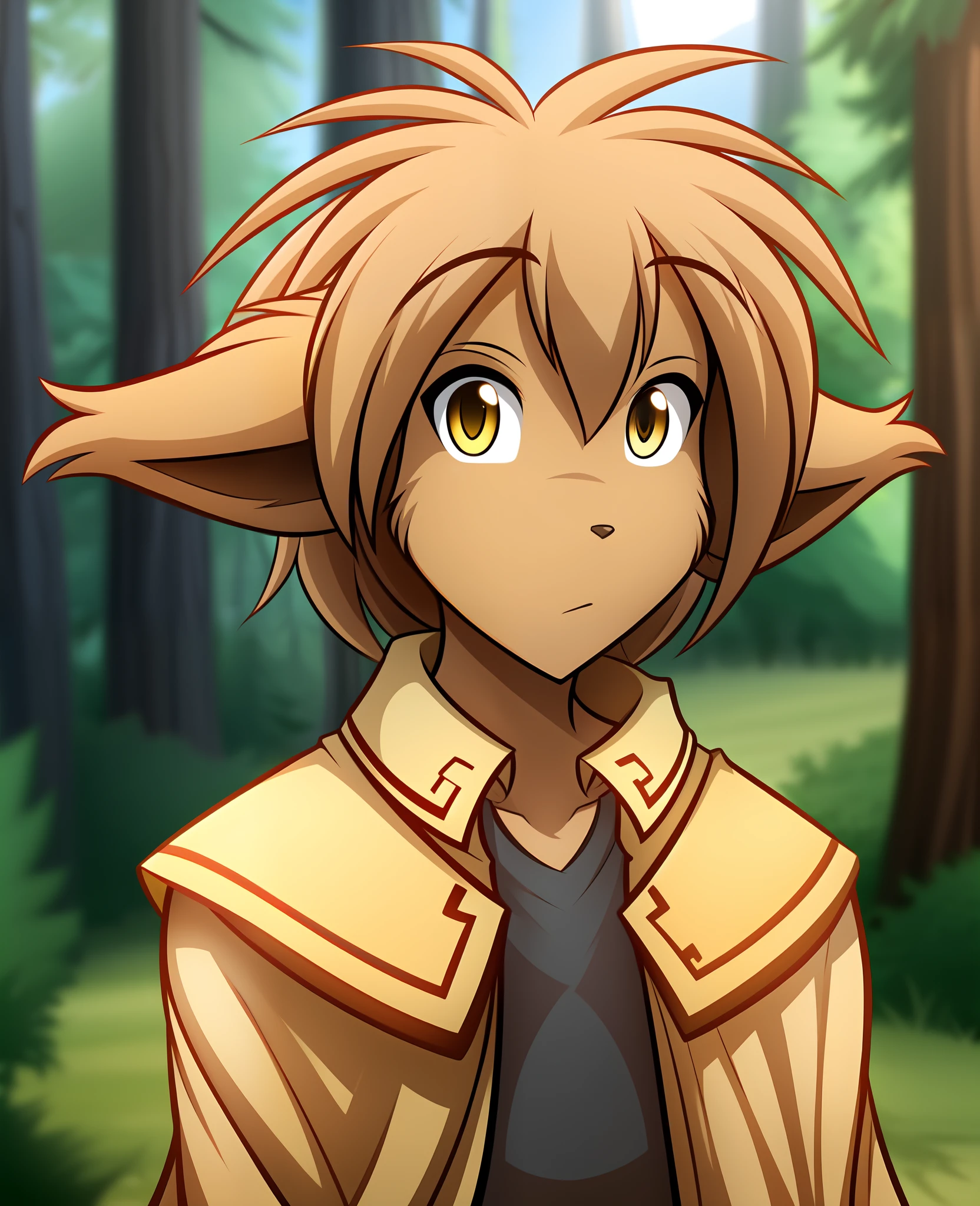 twokinds, tom_fischbach, webcomic_character, webcomic, comic, Madelyn , Madelyn Adelaide, flora_(twokinds), trace_legacy, (best quality, masterpiece:1), solo, furry female anthro, yellow eyes, short hair, light brown hair, portrait, finger claws, looking at viewer, tail, ear raised, (outdoors dark forest trees blurry blurred background:1.1), black shirt, yellow cape