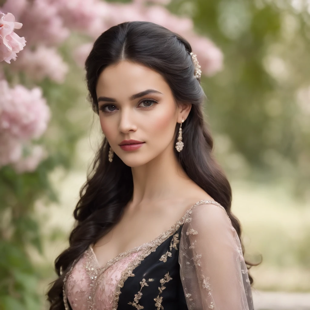 princesa con vestido rosa y cabello largo negro mujer bonita