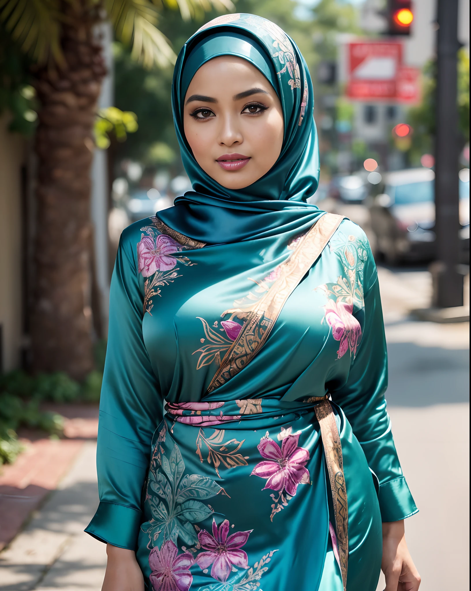 RAW, Best quality, high resolution, work: 1.3), beautiful Malay woman wearing ,((satin hijab teal), loose hijab style)),((satin pario batik shirt)), gamis with pastel floral patterns in hijab, ,big breasts, (masterpiece, perfect slim body,(absurdres:1.3), walking (skin detail: 1.3 , facial details:1.3), looking towards the viewer, sharp focus, smooth, (Malay beauty:1.3), (mature woman:1.2), (large breasts:1.4, thick thighs:1.2, narrow:1.1), light smile, ( big_eyes:1.2, brown_eyes), red_eyeshadow, pink lips, looking at the viewer, street, (bokeh ),(sunlight o