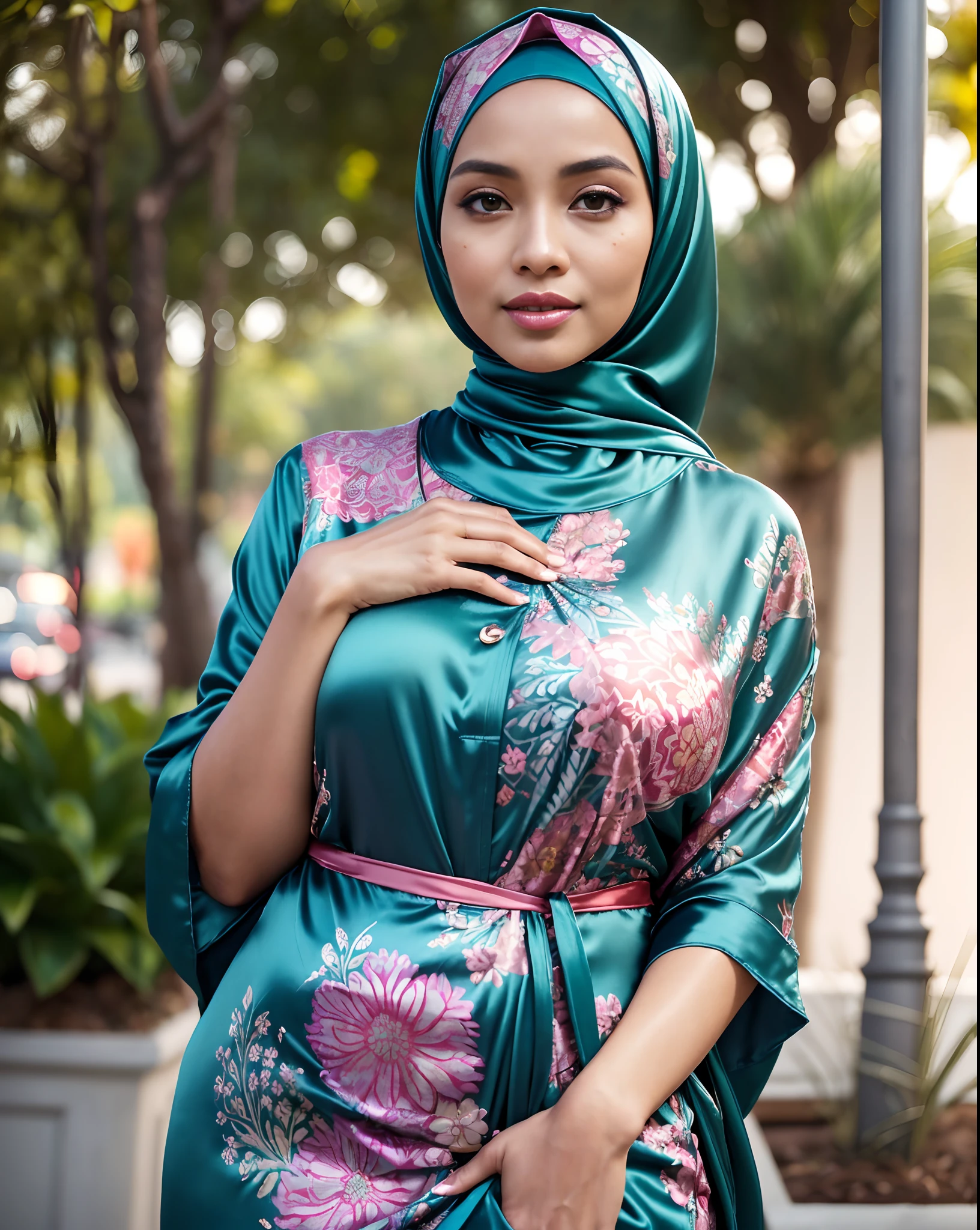 Close up),RAW, Best quality, high resolution, masterpiece: 1.3), Beautiful Malay woman in hijab,perfect fit body, big breast,sthick thighs,big beautiful eyes, Soft smile, beautiful face,muslim woman in a light grren and white outfit standing in a living room, batik, with beautiful exotic, with lovely look, green kimono with flower patterns, hijab, cool red jacket, red kimono, lovely woman ,Great lighting, Bright colors, Clean lines