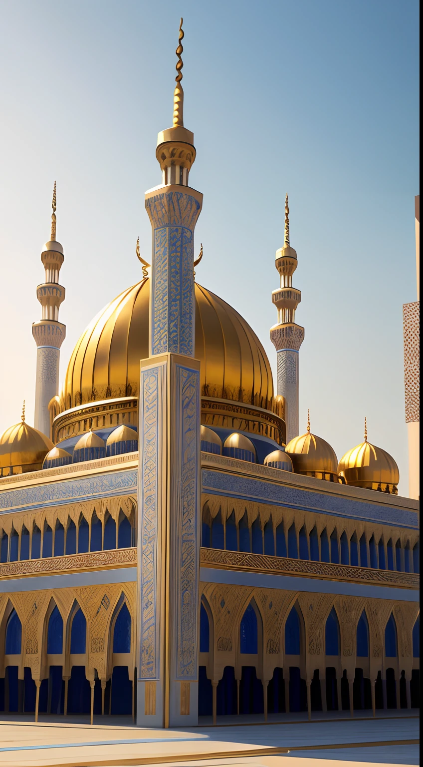 grand mosque build from gold, with blue sky, (masterpiece)), ((best quality)), 8k, high detailed, ultra-detailed, intricate details, breathtaking view, a sense of wonder and awe., cinematic, UHD, Photorealistic, front view,