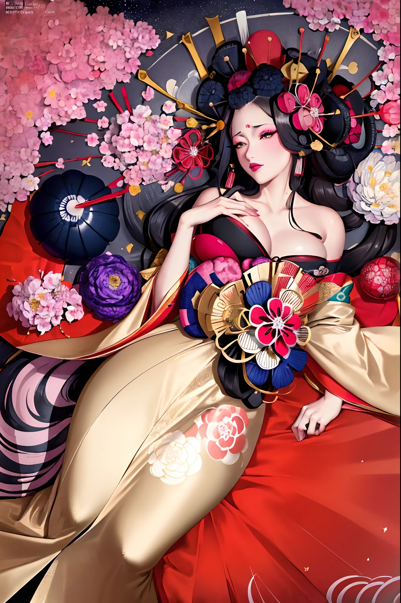 (Masterpiece, Best Quality:1.3), (thick lineart), (faux traditional media), highres, official art, best illustration, (8k resolution), oiran, 1girl, mature female, solo, japanese clothes, from above, breasts, obi, stylish, intricate, fantastic, fairytale, fantasy art, (detailed face), lying on a bed of flowers, on back, (lovely eyes, looking at viewer, lipstick), very long hair, voluminous, low ponytail, depth of field, silhouette, perfect, makeup, lovely, (details:1.2), camellia, various colors, vivid, colorful, shiny, sky, stars, lumen global illumination, (background in the style of Hokusai Katsushika:1.3), water, ripples