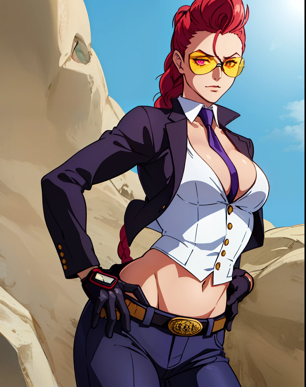 (masterpiece, best quality, high resolution),cowboy shot, 1girl, cviperms, breasts, sunglasses, necktie, gloves, necktie between breasts, cleavage, crop top, midriff, tinted eyewear, pants,(((((good eyes 1.4)))),