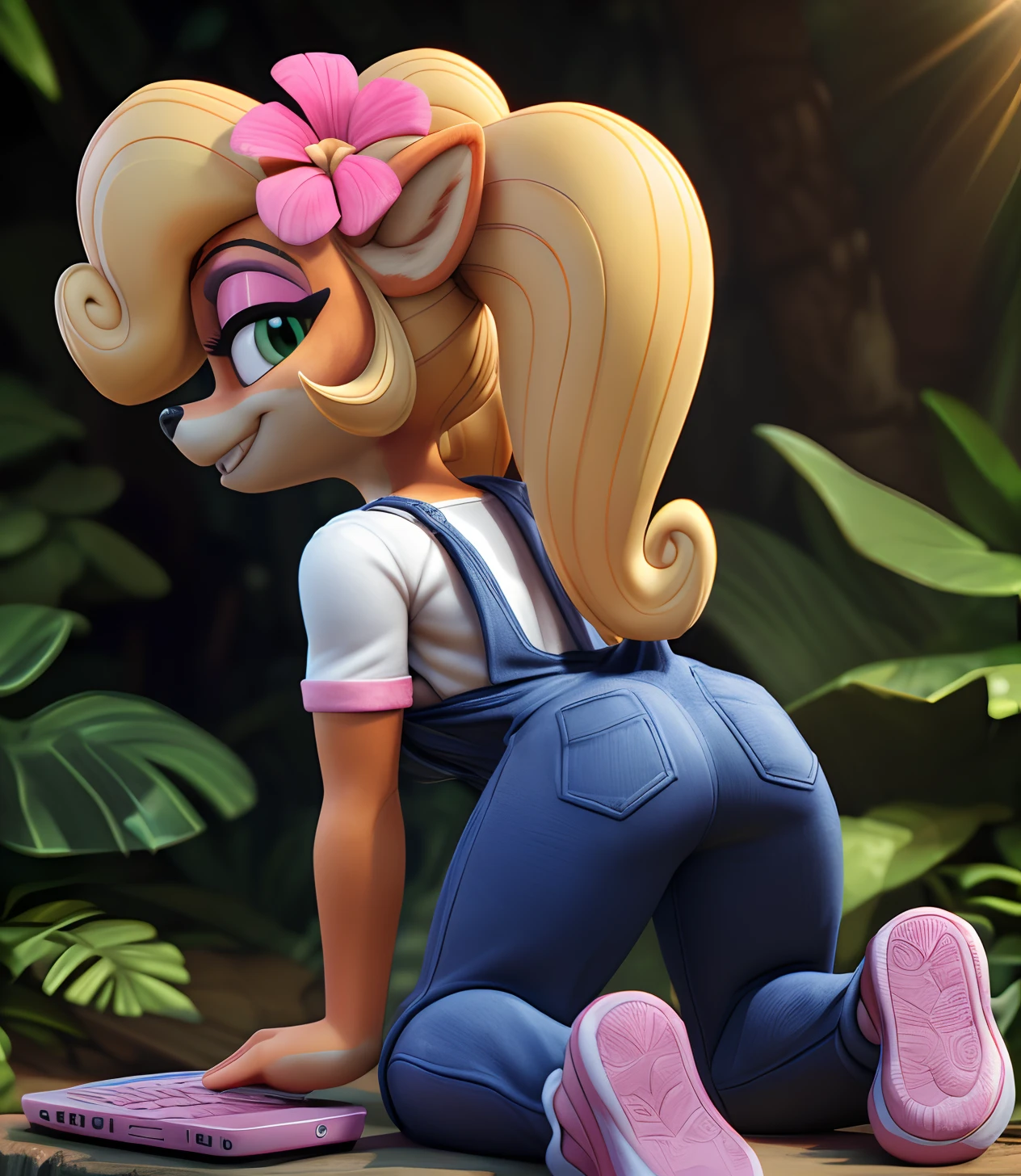 [Coco bandicoot], [Uploaded to e621.net; (Pixelsketcher), (wamudraws)], ((masterpiece)), ((high quality)), ((HD)), ((solo portrait)), ((full body)), ((back view)), ((furry; anthro)), ((detailed fur)), ((detailed shading)), ((beautiful 3D render art)), ((front view)), ((shoes visible)), ((intricate details)), {anthro; orange fur, black nose, (cute green eyes), (pink eyeshadow), (smug smirk), (white teeth), blonde curly hair, curly ponytail}, {(white shirt), (small boobs), (blue denim overalls), (tight pants), (pink sneakers), (pink flower on head)}, {(all fours), (doggystyle), (looking back)}, [background; (tropical forest), (tree stump), (sun rays), (pink laptop)]