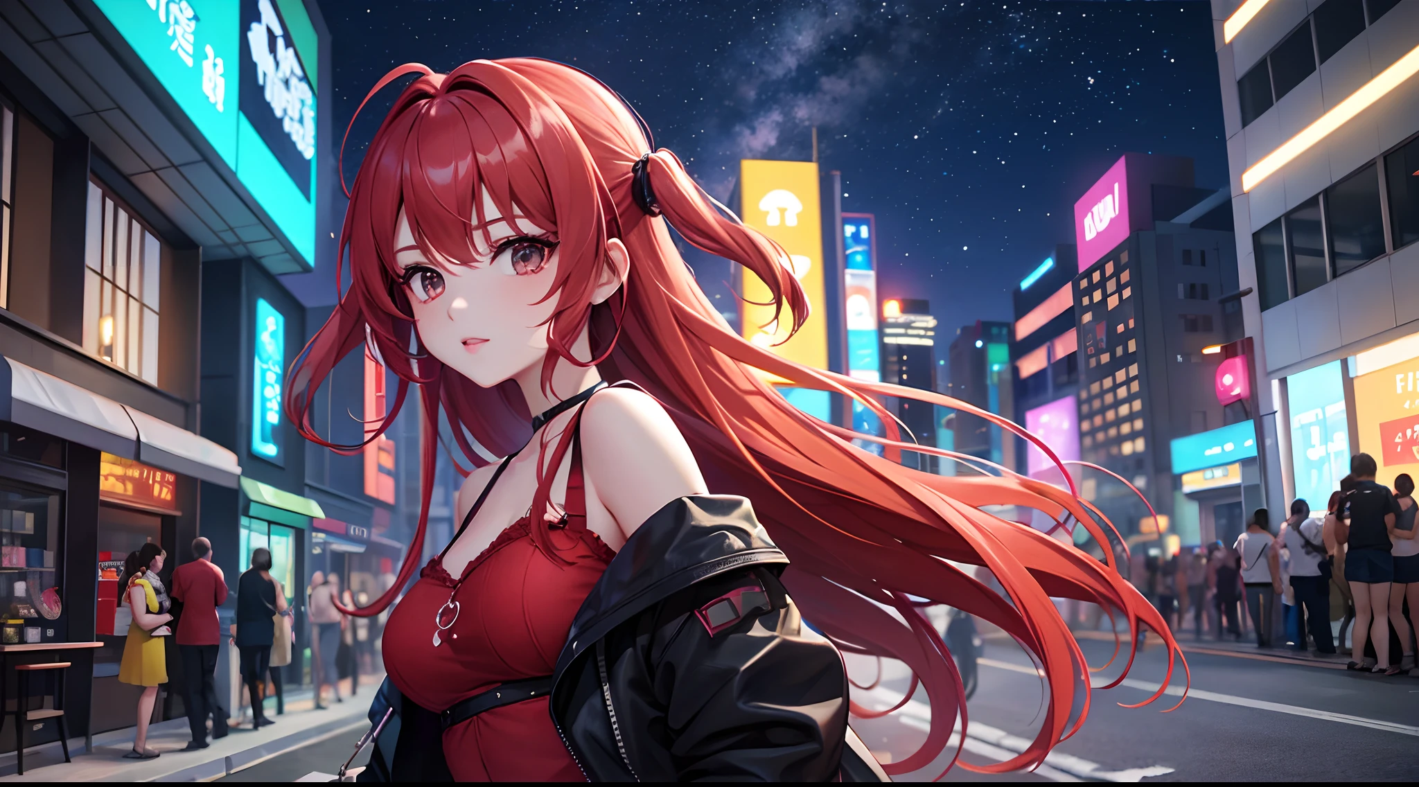 a red-haired woman in front of a building, night core, Bralette, Pokimane, Inspirado em anime, quase mostrando os peito, menina em uma loja de discos, Yanjun Chengt, 19-year-old girl, Heonhwa Choe, Inspirado em Jeonseok Lee, futurista, RGB cores.