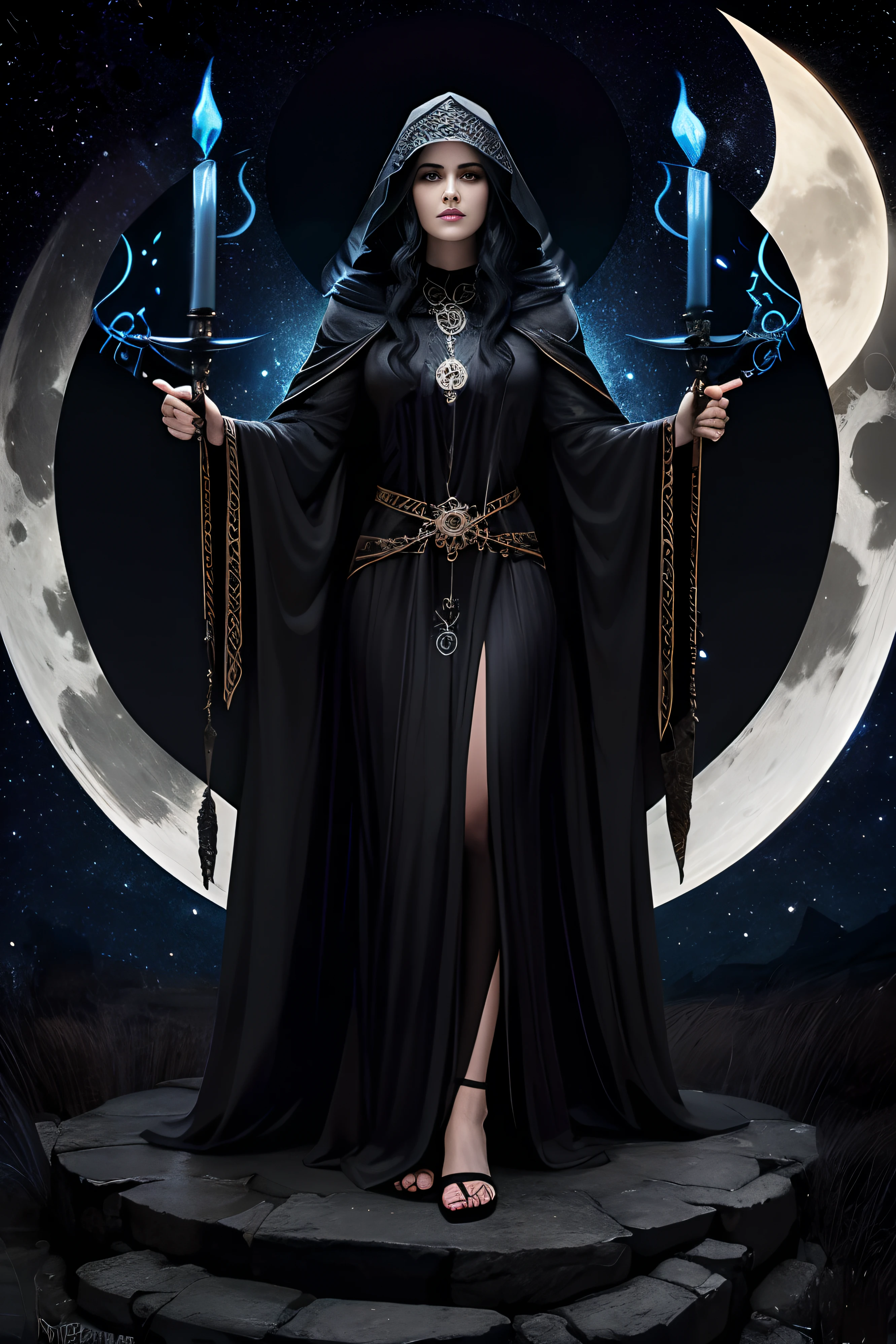 Witch Hecate, hecate goddess, rainha da magia e do poder, Controls shadows and illusion. mulher poderosa, of flowing black robes, cabelos pretos imensamente longos, olhos pretos. poderosa. Ao fundo, The night with the full moon and dark mystical beings, noite sombria. 9pentagramas cinco pontas, nove muito bem[agramas cinco pontas