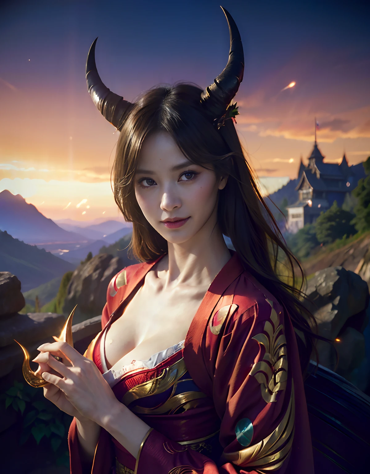 (((masutepiece,))),Professional , masterpiece、top-quality、photos realistic , depth of fields 、Raw photo、1a person、glowy skin、(sexypose)、(Black maple on the background of full bloom),(Ultimate Beauty)、A dark-haired、Mystical expression、ultrasharp、(a temple background),(Red torii gate)、(shrine background)、(Kimono with beautiful pattern)、(Night background)、Beautiful hair ornament on the head、,(intense fighting),((Precipitous cliffs)),(Wear a beautiful kimono),(Wear a colorful and beautiful kimono)、(Japan Castle Background)、Jewel Gold Weapon、Particles of light),(intense fighting)、Gorgeous gold weapons ,Castle background、(( Gorgeous Dragon Sword)) , (a dark night),,(maikurobikini) 、((Black Haired Beautiful Girl))、(Castle background)、(demonic wings)、((Gangle's forest background))、Beautiful Caucasian beauty、1a person、dynamic ungle,(((Two devil's horns on the head)))、Smaller head、Idle Smile、Thin and beautiful female hands、Mystical expression、Light Effects、intense fighting、Wind-effect、magic circles、With the legendary magic wand、Dragon's tail、Anatomically correct fingers、Full Body Angle、Anatomically correct number of fingers、Full Body Angle、(cleavage of the breast)、