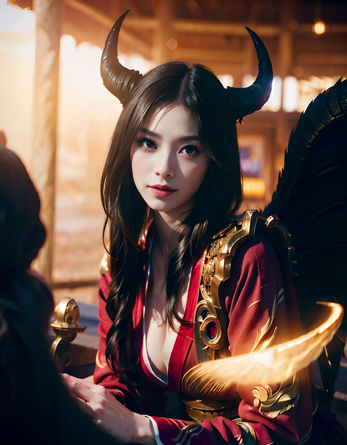 (((masutepiece,))),Professional , masterpiece、top-quality、photos realistic , depth of fields 、Raw photo、1a person、glowy skin、(sexypose)、(Black maple on the background of full bloom),(Ultimate Beauty)、A dark-haired、Mystical expression、ultrasharp、(a temple background),(Red torii gate)、(shrine background)、(Kimono with beautiful pattern)、(Night background)、Beautiful hair ornament on the head、,(intense fighting),((Precipitous cliffs)),(Wear a beautiful kimono),(Wear a colorful and beautiful kimono)、(Japan Castle Background)、Jewel Gold Weapon、Particles of light),(intense fighting)、Gorgeous gold weapons ,Castle background、(( Gorgeous Dragon Sword)) , (a dark night),,(maikurobikini) 、((Black Haired Beautiful Girl))、(Castle background)、(demonic wings)、((Gangle's forest background))、Beautiful Caucasian beauty、1a person、dynamic ungle,(((Two devil's horns on the head)))、Smaller head、Idle Smile、Thin and beautiful female hands、Mystical expression、Light Effects、intense fighting、Wind-effect、magic circles、With the legendary magic wand、Dragon's tail、Anatomically correct fingers、Full Body Angle、Anatomically correct number of fingers、Full Body Angle、(cleavage of the breast)、