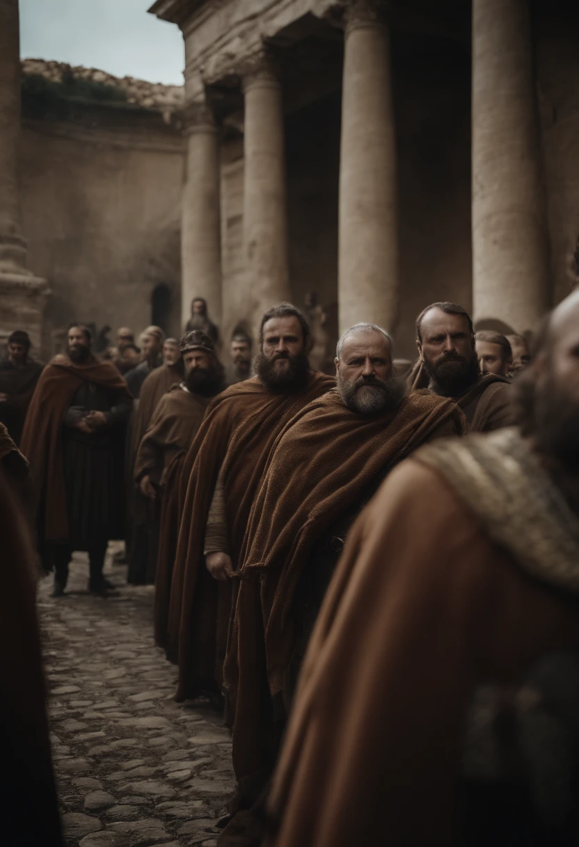 preciso que crie uma imagem de 8 homens carecas e gordos em um bordel do antigo imperio romano
