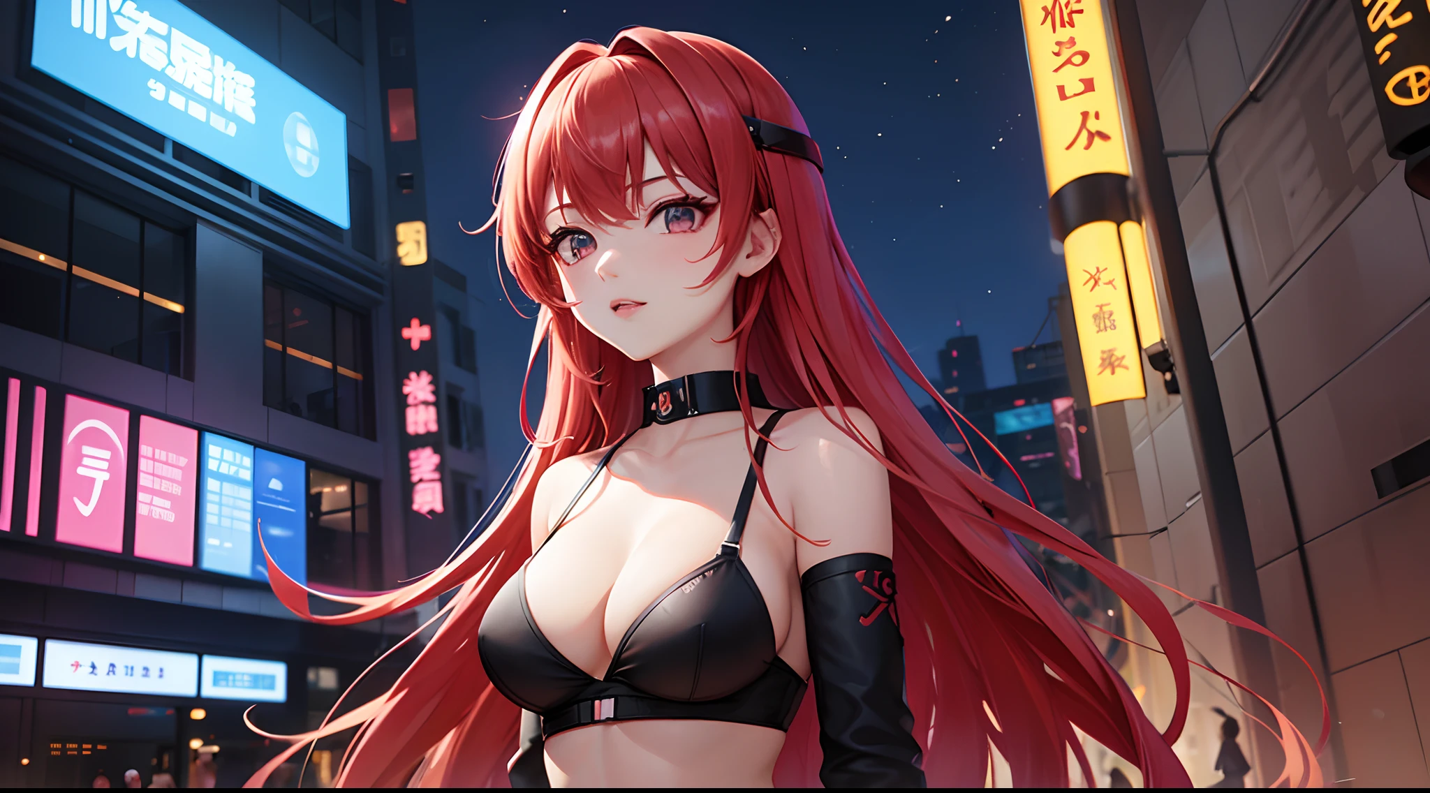 a red-haired woman in front of a building, night core, Bralette, Pokimane, Inspirado em anime, quase mostrando os peito, menina em uma loja de discos, Yanjun Chengt, 19-year-old girl, Heonhwa Choe, Inspirado em Jeonseok Lee, futurista, RGB cores.