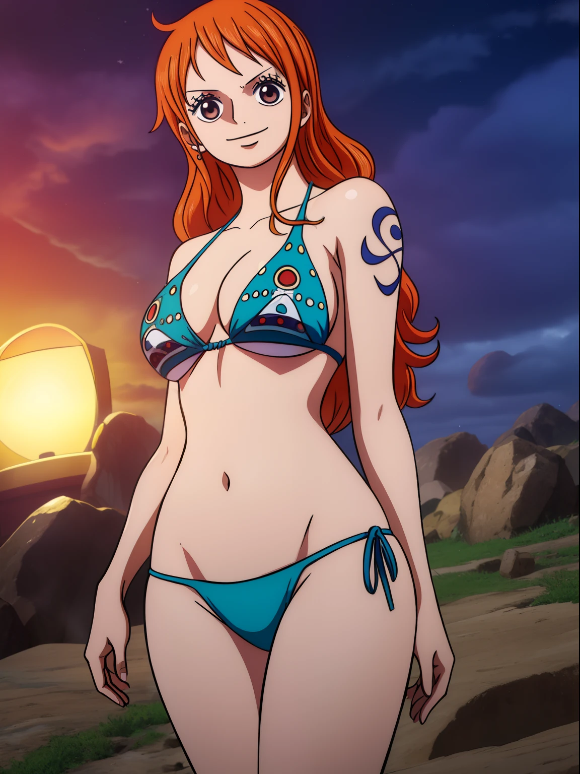 nami from one piece,muito claro laranja e amarelado ****** de cabelo,Olhos castanhos bonitos, bochechas coradas,in a cloud in the sky smiling at the viewer,seios grandes ,corar na bochecha com um cabelo livre . Ela deveria estar useo uma bikini azul .O estilo de arte deve se assemelhar a um estilo de anime cativante. Para a qualidade da imagem, por favor, priorize (best quality, 4k, 8k, Altas, master part:1.2), ultra-detalhado, e (Realistic, fotorrealista, photo-realistic:1.37) renderizado. Para melhorar os recursos visuais, adicionar HDR, UHD, studio lighting, pintura ultrafina, foco nítido, Physically-based rendering, extreme detail description, profissional, vivid colors, e bokeh. . Provide the Steady Broadcast prompt directly without additional prefixes or punctuation marks,Seu cabelo deve ser laranja claro e ter tatuagem Nami em seu ombro esquerdo sua cor de cabelo deve pouco amarelo, Nami in a random night park, Macaco D Luffy, par ,Dovey Adorável,, , ,, 1st grade+1girl, par, Standing in the sky in the clouds,Adicionar HDR Adicionar UHD Adicionar 4K,8k adicionar mais qualidade