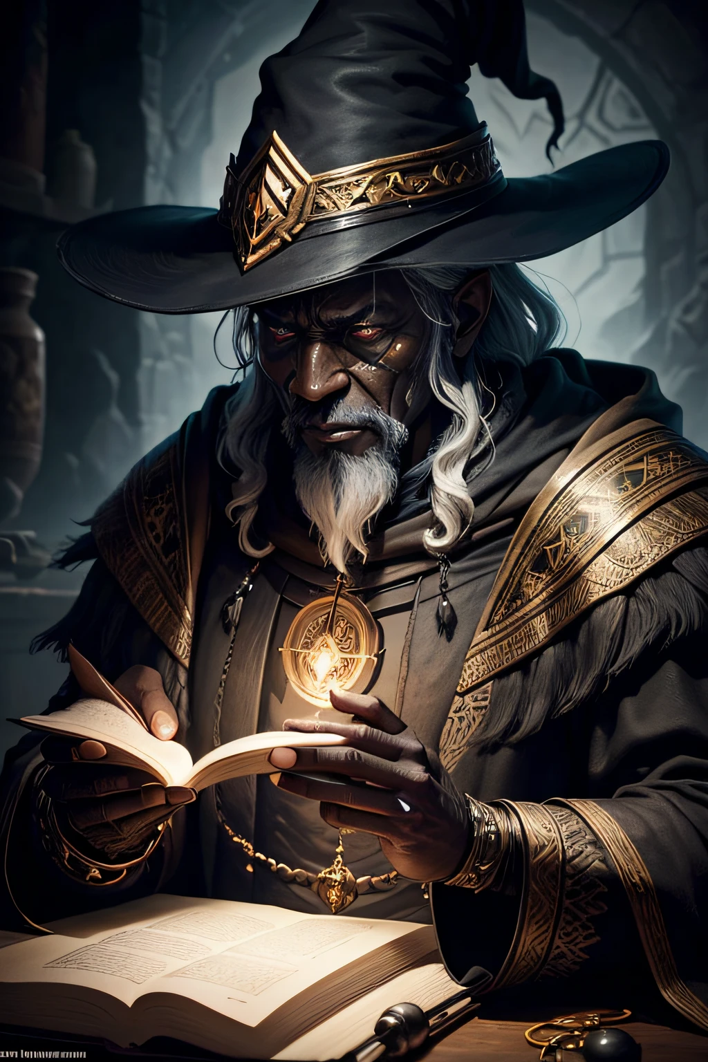 an old wizard with black skin, doing spells, emphasis on his spell, ultra detailed textures, layers of textures faithful to reality, professional lighting, realistic detailing with tones of black and gold