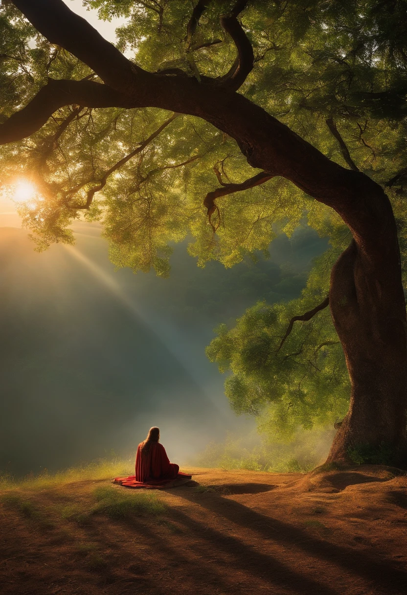 imagine the scene, Jesus, sitting under a tree, with low grass, praying to God