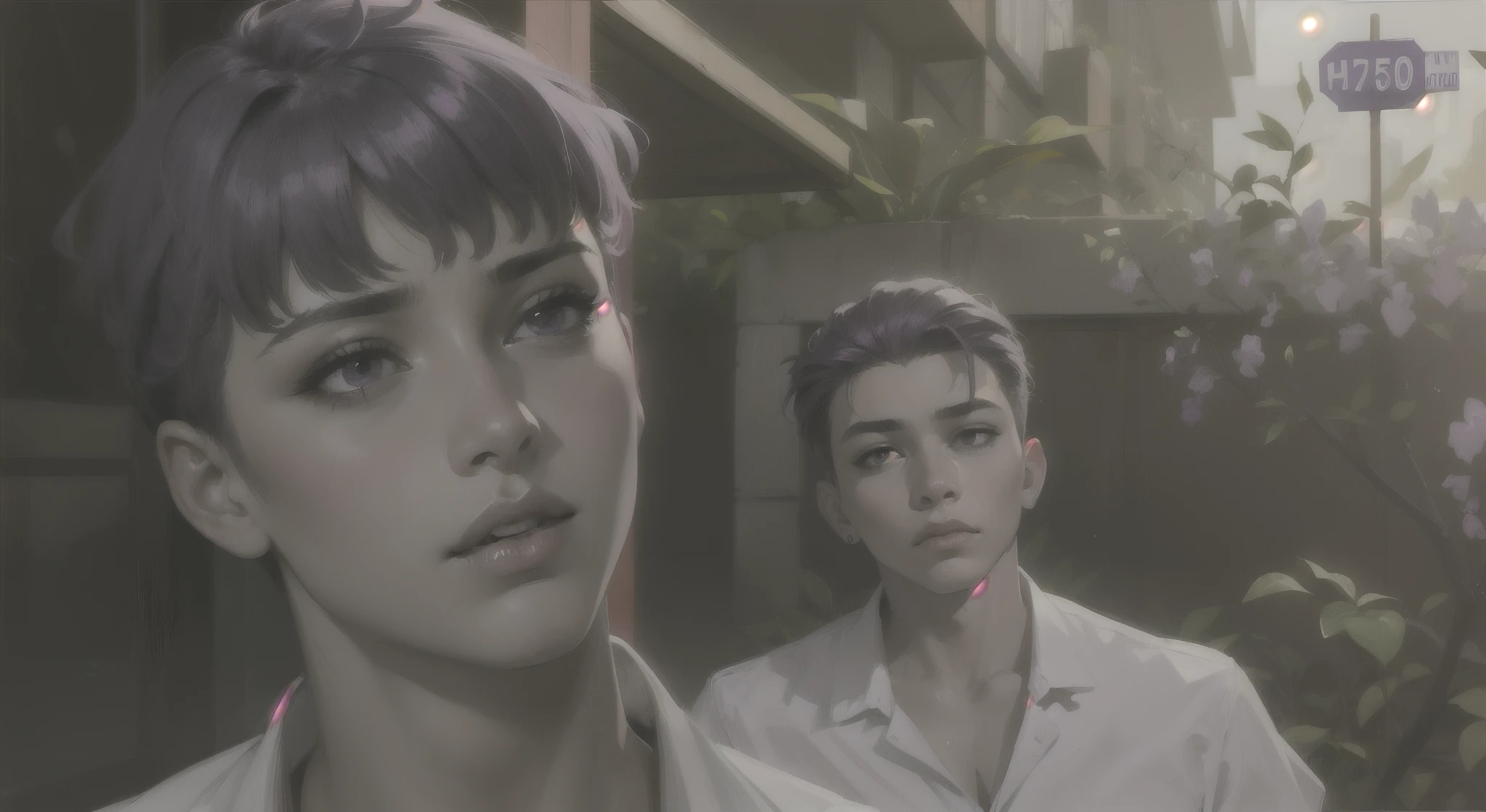 with violet hair looks hatefully at someone