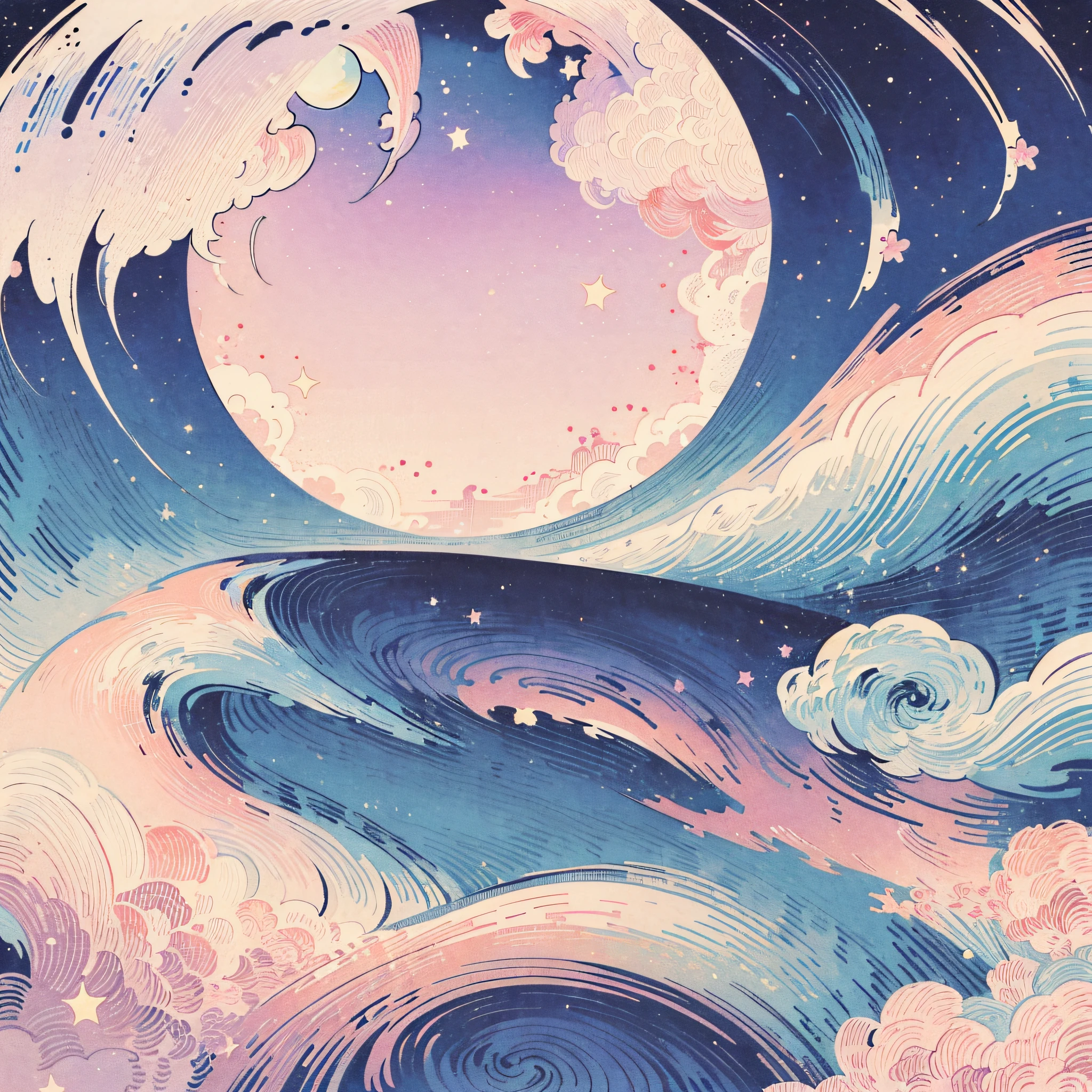 1 sticker, sticker, nikkaze, (cute girl), (gorgeous kimono), (gorgeous hair accessory), (Japanese traditional hairstyle), cherry blossoms, clouds, behind is a huge round moon, stars, white background, no background, simple background, minimal, cute, tiny, pastel color, vector style, no gradient --auto
