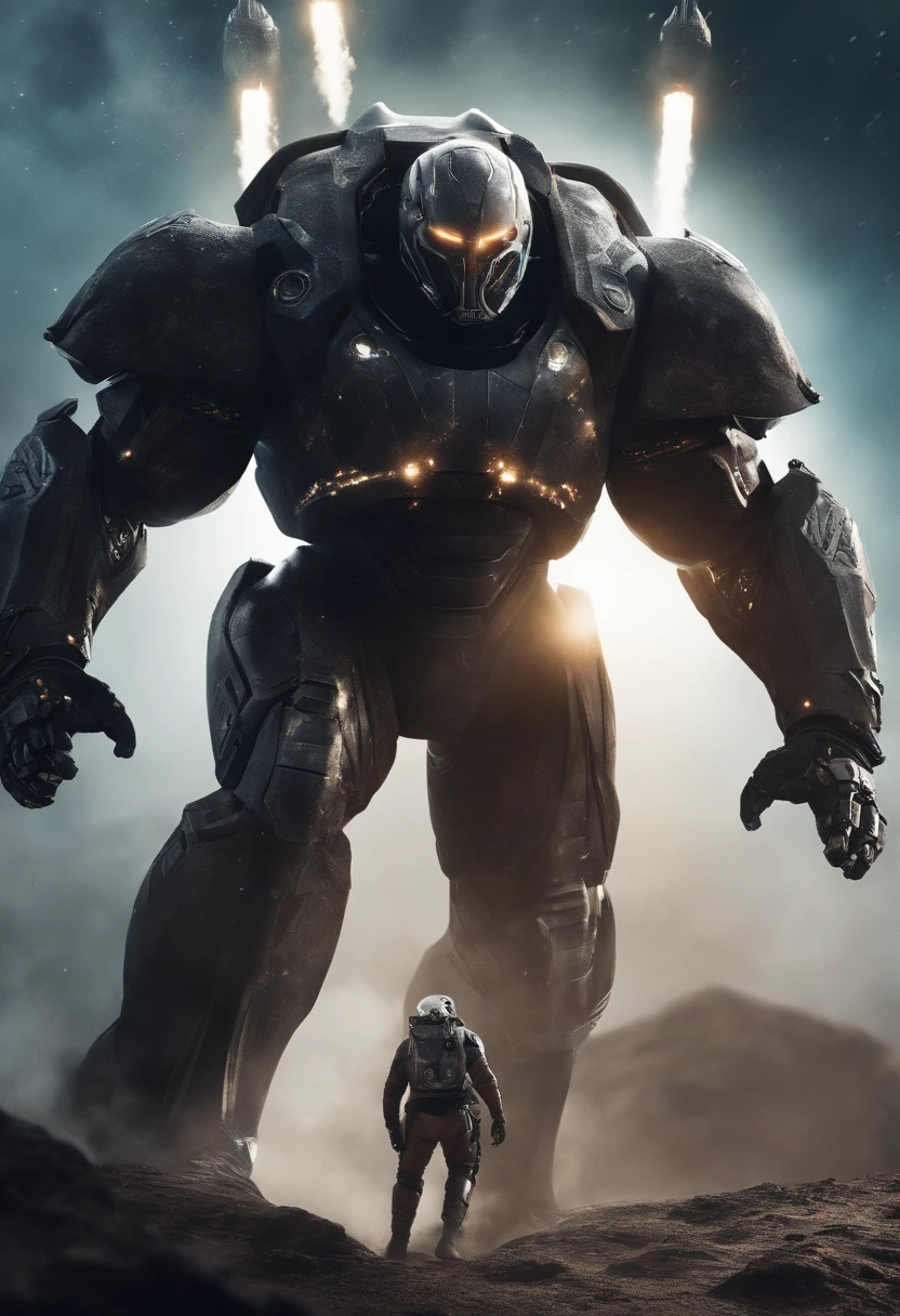 Dwayne Johnson in live sci-fi adaptation, huge spear, glowing, tattooed, face tattoos, on spacehip, in space, science fiction, futuristic, photorealistic, stars, space, nebula, pike, sharp spear, blade, whale Hunter with harpoon spear and robot mocha armor mechsuit, white monster behind with white tentacles, huge spear, teeth