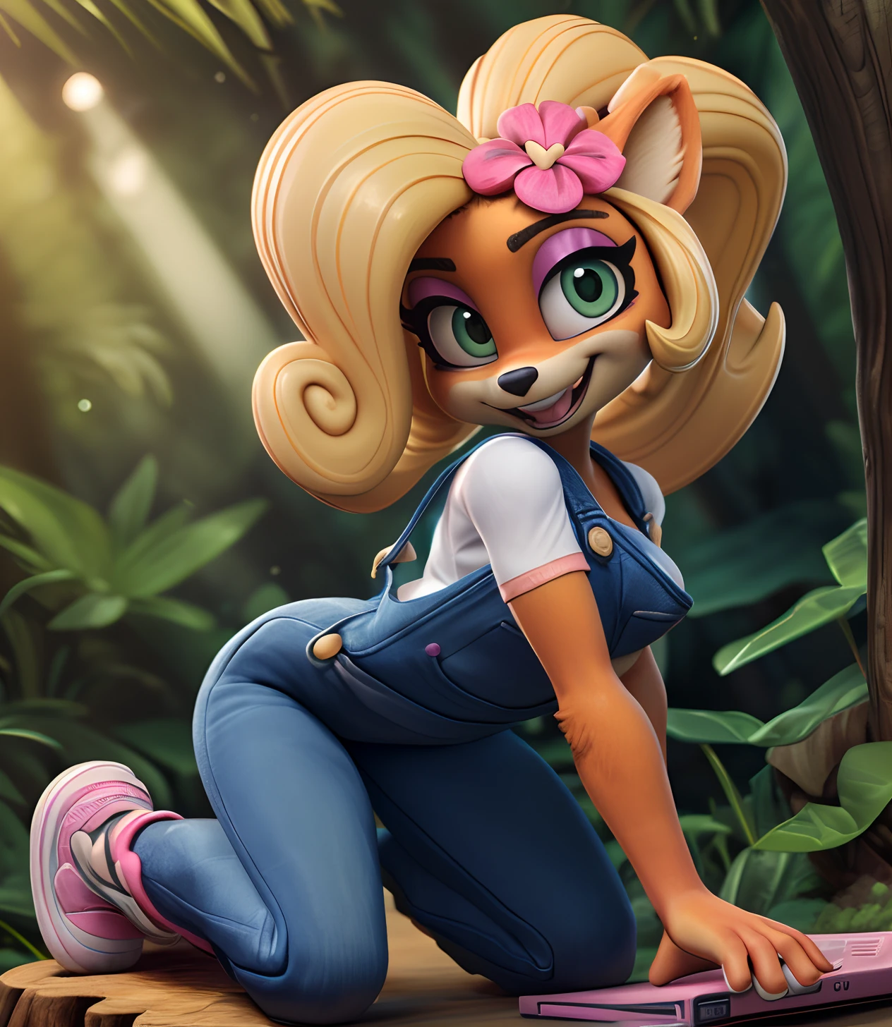 [Coco bandicoot], [Uploaded to e621.net; (Pixelsketcher), (wamudraws)], ((masterpiece)), ((high quality)), ((HD)), ((solo portrait)), ((full body)), ((furry; anthro)), ((detailed fur)), ((detailed shading)), ((beautiful 3D render art)), ((front view)), ((shoes visible)), ((intricate details)), {anthro; orange fur, black nose, (cute green eyes), (pink eyeshadow), (excited smile), (white teeth), blonde curly hair, curly ponytail}, {(white shirt), (small boobs), (blue denim overalls), (tight pants), (pink sneakers), (pink flower on head)}, {(crawling), (all fours), (looking back)}, [background; (tropical forest), (tree stump), (sun rays), (pink laptop)]
