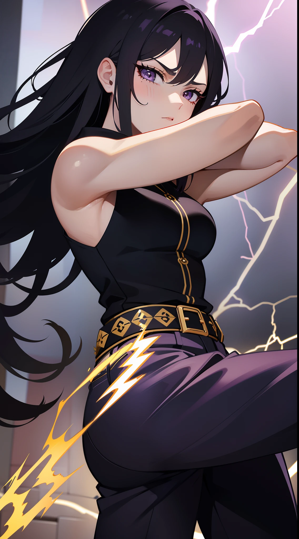 young girl, Long black hair, Black eyes, purple tight top, baggy pants, Gold patterns, Tatoo, anger, lightning bolts, Masterpiece, hiquality, 4k, HD, Good detail