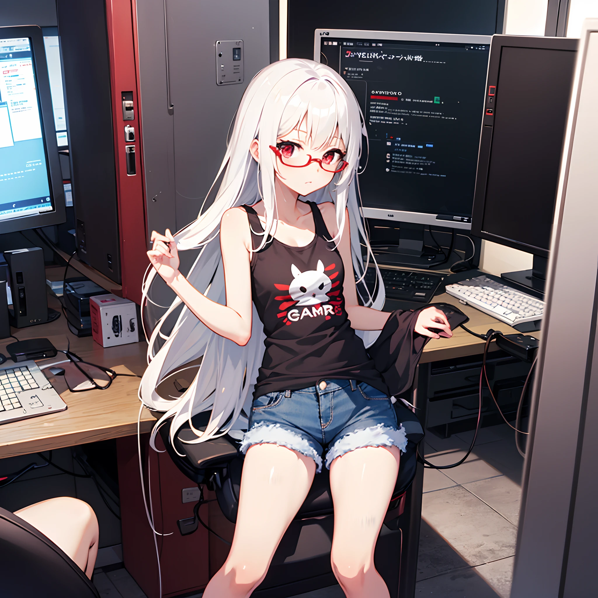 Anime, cute girl, japanese, petite, long white hair, ruby red eyes, kaguya, gamer girl, in front of the computer, glasses, tank top, denim shorts