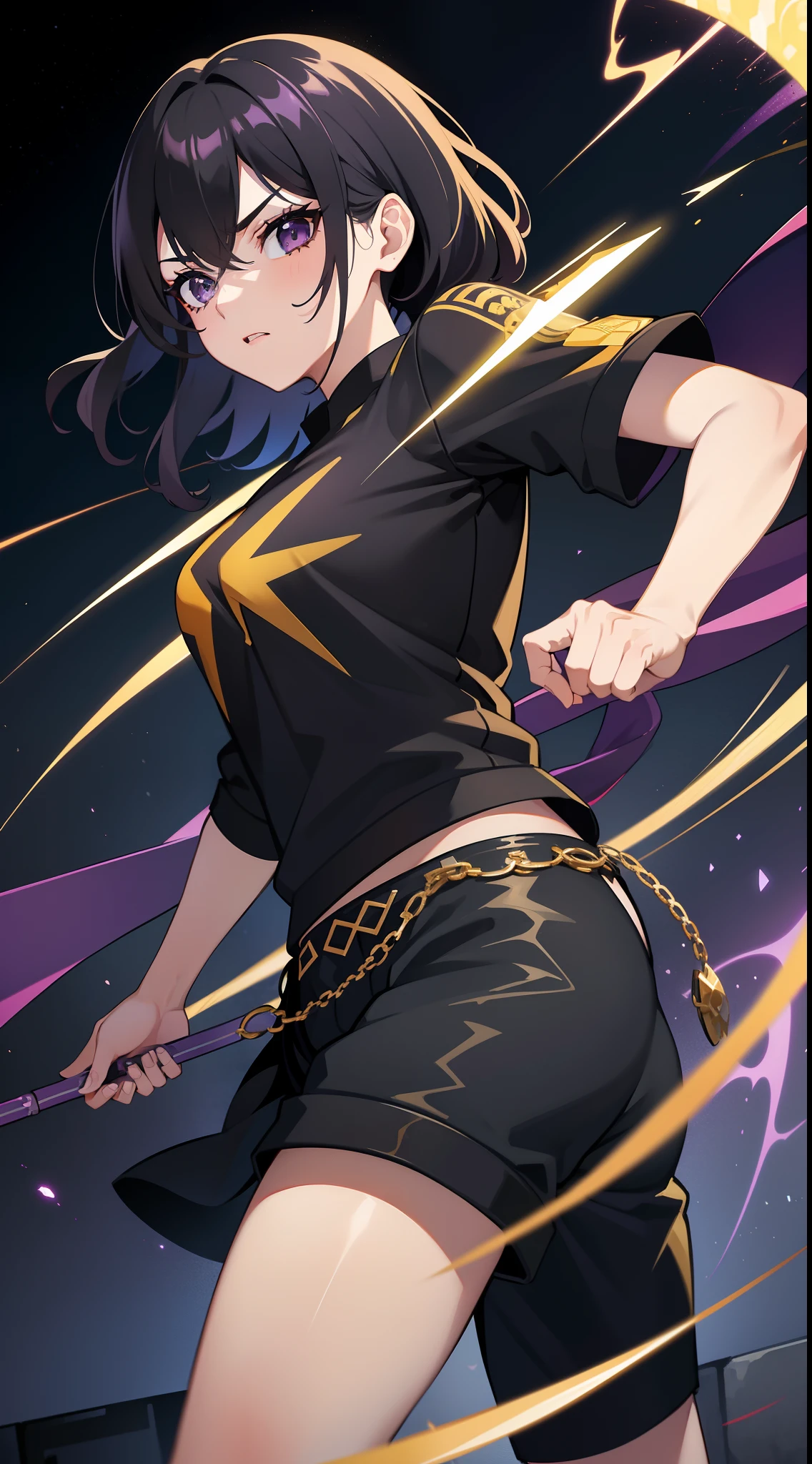 young girl, Long black hair, Black eyes, purple tight top, baggy pants, Gold patterns, Tatoo, anger, lightning bolts, Masterpiece, hiquality, 4k, HD, Good detail