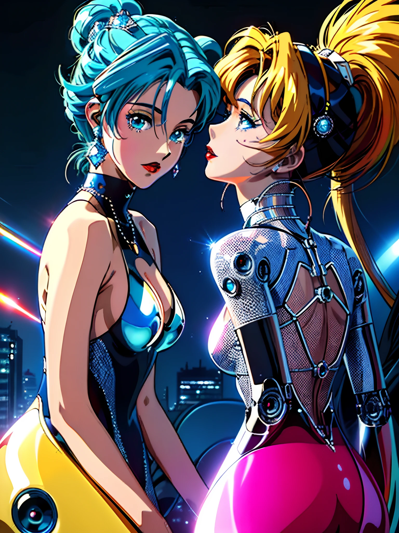 (elegant robotic) woman, (masterpiece), intricate details, retro, ((1999s anime)), ((best quality)), (bright colorful future city at night), (colorful cords) (radiant colorful) iridescent [holographic metal body], red antenna ear, iridescent metal, (diamond minimalistic) jewelry, (red lips), laser, thin, extremely detailed, covered, dynamic pose