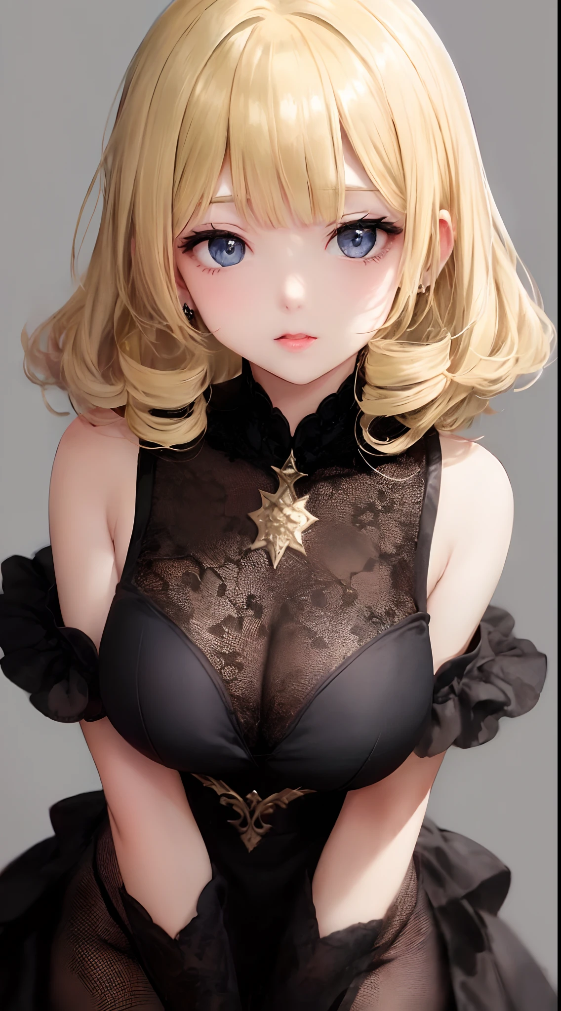 (((a blond、Portrait、looking in camera)))、[monochromes:Subdued Color:2.6] theme, (masutepiece), (Best Quality), , Light Layer, Lustrous skin, (intricate-detail , taut clothes, ),  Kim Hair, hime-cut, Blunt bangs、Blue eyes、 30s、(maturefemale)、((doress、off shoulders、slit、curlyhair、Beautiful breasts))、symmetry、Thick lip、Lustrous lips、Tall lady、Standing Pose、white backgrounid、simple background、Single-color background、1 female、