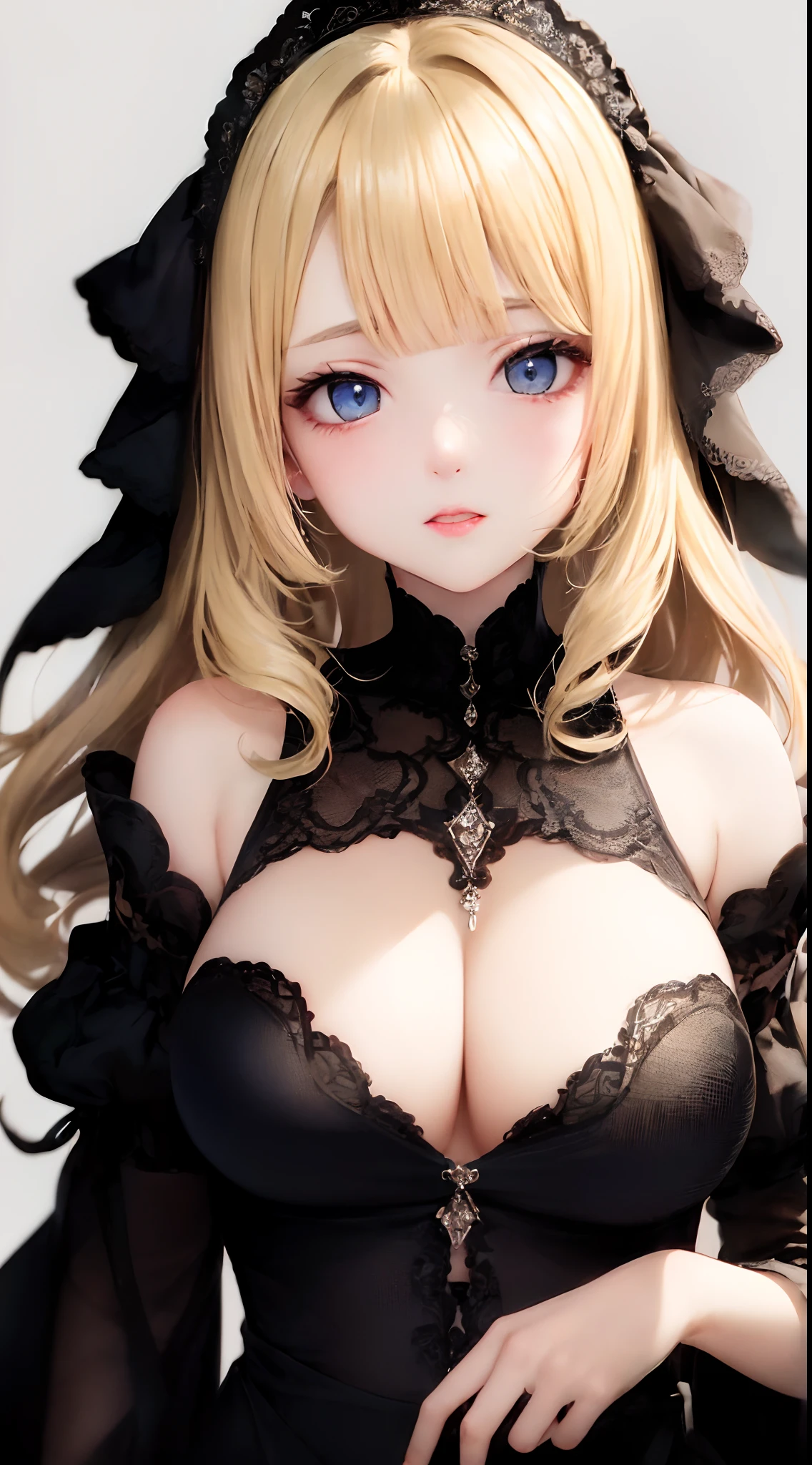 (((a blond、Portrait、looking in camera)))、[monochromes:Subdued Color:2.6] theme, (masutepiece), (Best Quality), , Light Layer, Lustrous skin, (intricate-detail , taut clothes, ),  Kim Hair, hime-cut, Blunt bangs、Blue eyes、 30s、(maturefemale)、((doress、off shoulders、slit、curlyhair、Beautiful breasts))、symmetry、Thick lip、Lustrous lips、Tall lady、Standing Pose、white backgrounid、simple background、Single-color background、1 female、