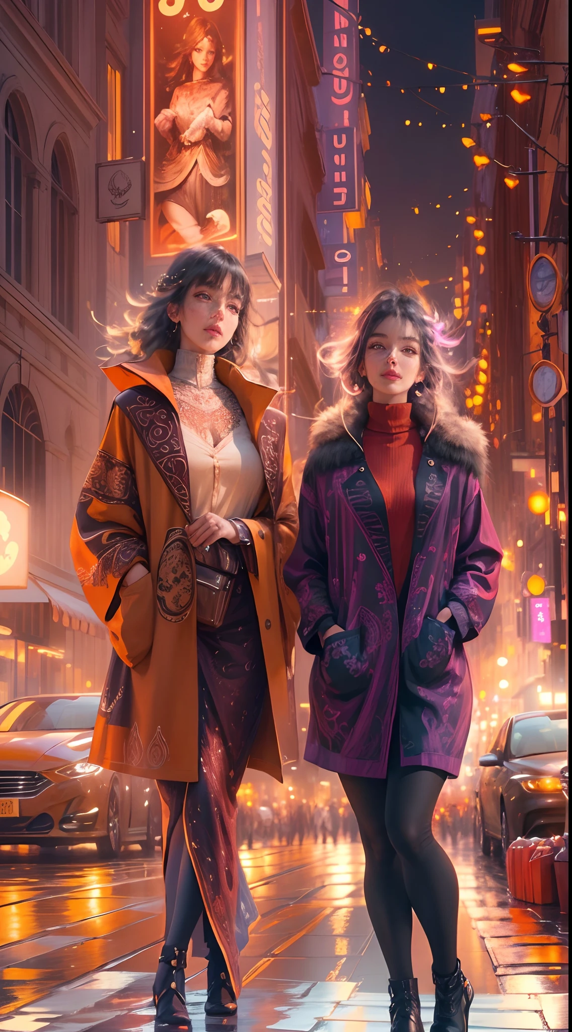 (bangs,side parted hair,smiling faces) 2 mature women in their early 40s,thick eyebrows,beautiful detailed eyes,short eyelashes,apply makeup, wearing matching outfits,twin sisters,standing confidently,strong presence,posing against a bustling city street,foreground,
impressively detailed brushstrokes,subtle texture,depth and dimension,creating a sense of realism,highly detailed facial features and clothing,with meticulous attention to patterns and fabrics,fine lines and intricate designs on the silk stockings,glistening reflections on lip gloss and shiny accessories,sparkling jewelry,urban landscape with meticulous architectural details and realistic textures,impeccably painted city lights and glowing car headlights,impressive contrast between light and shadows.
Image quality: (best quality,4k,8k,highres,masterpiece:1.2),ultra-detailed,realistic:1.37,HDR,UHD,studio lighting
Art style: photo-realistic portraits
Color palette: bold and vibrant colors,rich and warm tones,contrasting shadows and highlights,cityscape with colorful neon lights,blurred background with bokeh effect,enhancing the atmospheric feel.
Lighting: soft warm light,illuminating the women's faces and outfits,creating a beautiful glow and adding depth to their features,natural sunlight creating long shadows on the ground and buildings,city lights casting vibrant colors on the surroundings,lively and dynamic lighting effects.