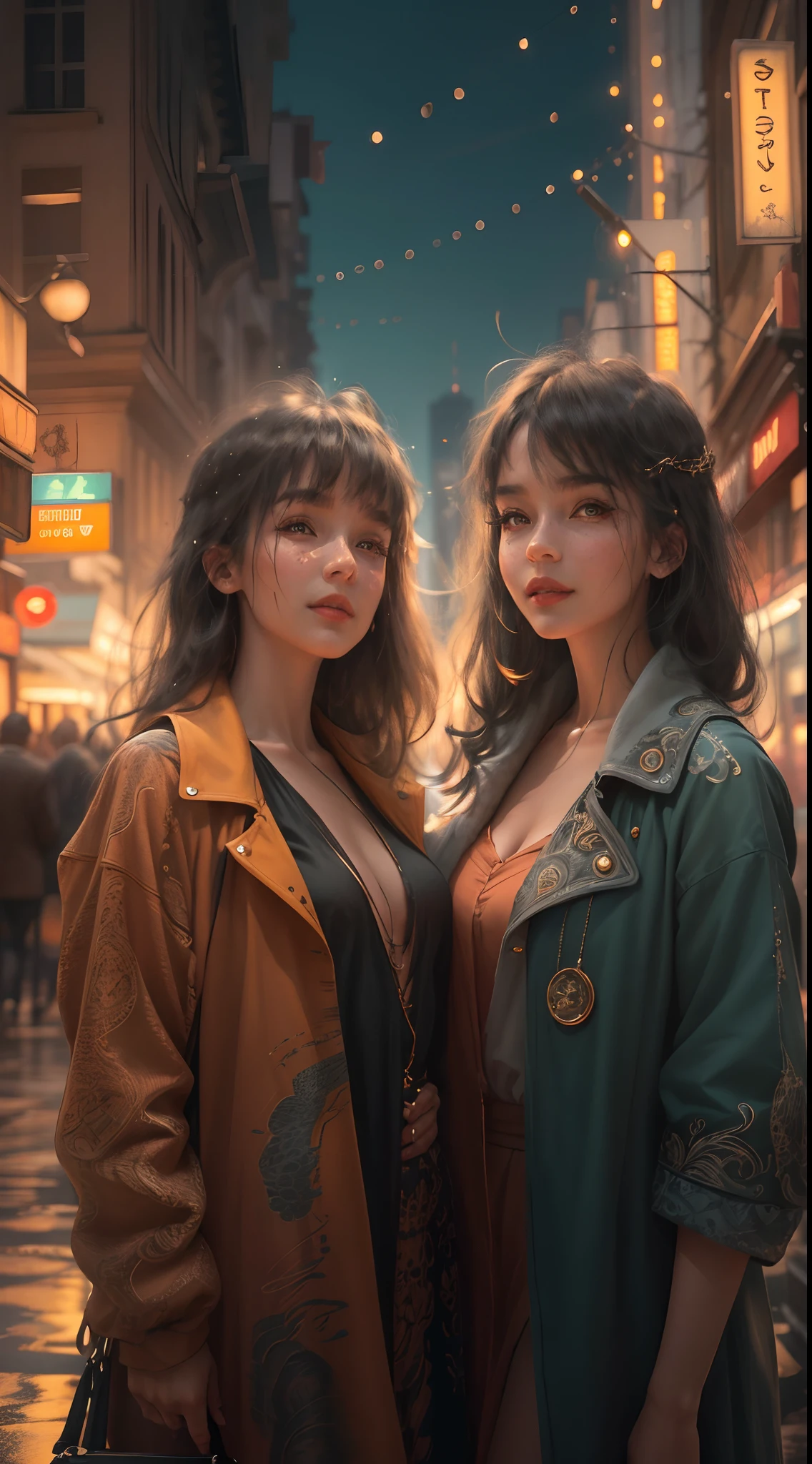(bangs,side parted hair,smiling faces) 2 mature women in their early 40s,thick eyebrows,beautiful detailed eyes,short eyelashes,apply makeup, wearing matching outfits,twin sisters,standing confidently,strong presence,posing against a bustling city street,foreground,
impressively detailed brushstrokes,subtle texture,depth and dimension,creating a sense of realism,highly detailed facial features and clothing,with meticulous attention to patterns and fabrics,fine lines and intricate designs on the silk stockings,glistening reflections on lip gloss and shiny accessories,sparkling jewelry,urban landscape with meticulous architectural details and realistic textures,impeccably painted city lights and glowing car headlights,impressive contrast between light and shadows.
Image quality: (best quality,4k,8k,highres,masterpiece:1.2),ultra-detailed,realistic:1.37,HDR,UHD,studio lighting
Art style: photo-realistic portraits
Color palette: bold and vibrant colors,rich and warm tones,contrasting shadows and highlights,cityscape with colorful neon lights,blurred background with bokeh effect,enhancing the atmospheric feel.
Lighting: soft warm light,illuminating the women's faces and outfits,creating a beautiful glow and adding depth to their features,natural sunlight creating long shadows on the ground and buildings,city lights casting vibrant colors on the surroundings,lively and dynamic lighting effects.